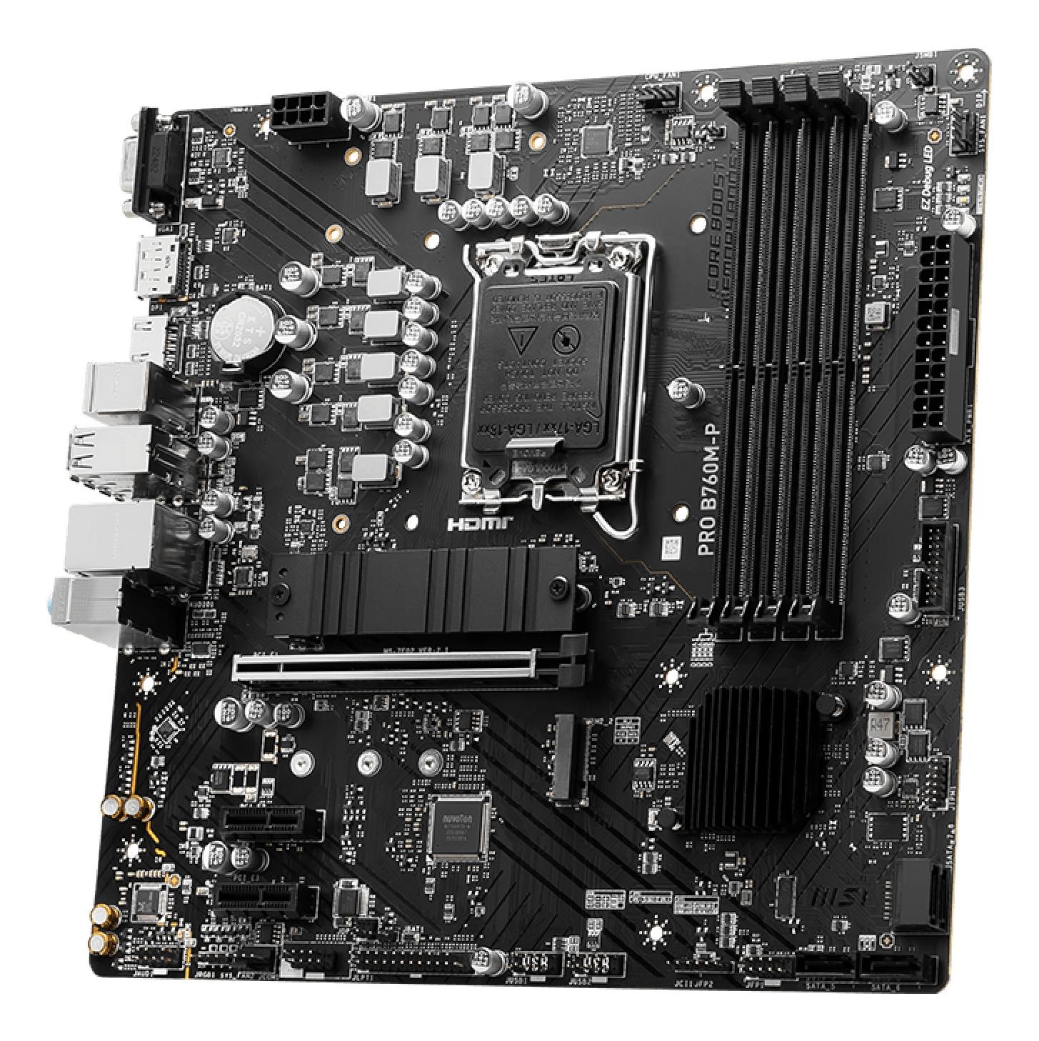 a3e1825d-51e2-463f-ab7f-a33f8035abc8 Mainboard MSI Intel B760 Express LGA1700 Micro-ATX Memory DDR5 Memory slots 4 2xPCI-Express 1x 1xPCI-Express 16x 2xM.2 1x15pin D-sub 1xHDMI 1xDisplayPort 4xUSB 2.0 1xUSB 3.2 1xUSB-C 2xPS/2 1xRJ45 3xAudio port PROB760M-P