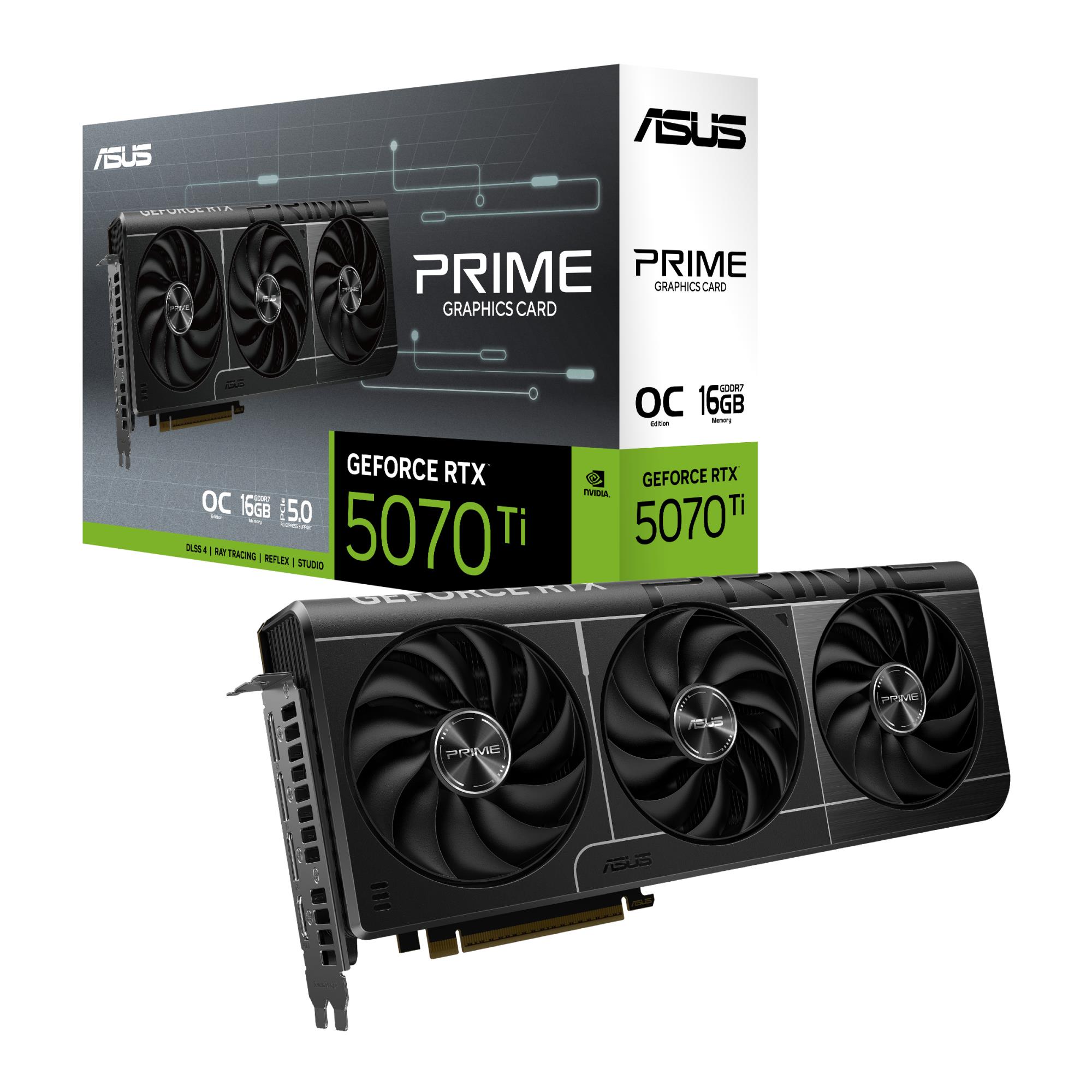 bbbf94f9-24da-4eed-8704-287b2fe168d4 Graphics Card ASUS NVIDIA GeForce RTX 5070 Ti 16 GB GDDR7 256 bit PCIE 5.0 16x GPU 2527 MHz Triple slot Fansink 1xHDMI 3xDisplayPort PRIME-RTX5070TI-O16G