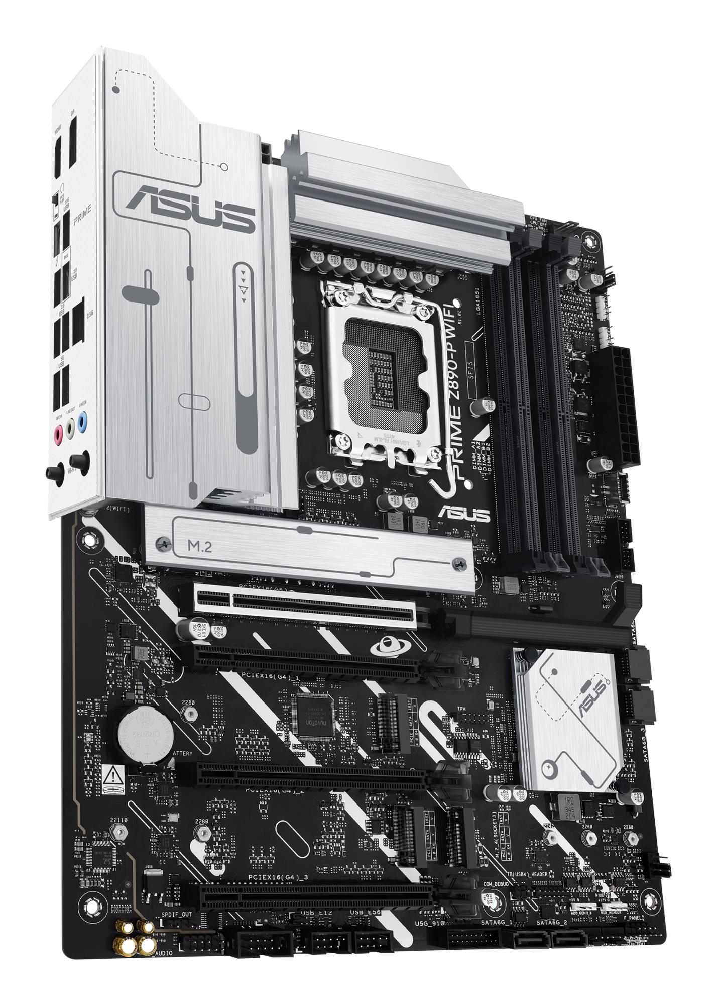 c334ff5f-ca4e-47b0-af6b-d16da40089f6 Mainboard ASUS Intel Z890 LGA1851 ATX Memory DDR5 Memory slots 4 3xPCI-Express 4.0 16x 1xPCI-Express 5.0 16x 4xM.2 1xHDMI 1xDisplayPort 1xAudio-In 1xAudio-Out 1xMicrophone 4xUSB 2.0 2xUSB 3.0 1xUSB 3.1 1xUSB-C w/Thunderbolt 1xRJ45 PRIMEZ890-PWIFI