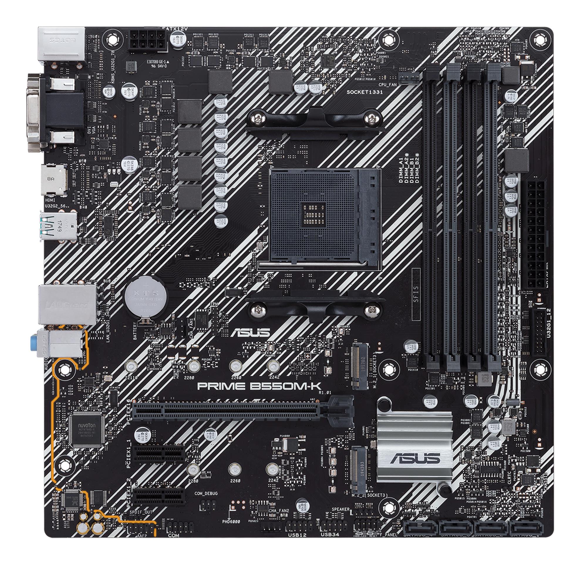 c633daf1-16f4-4f83-94cc-f2c798a101ce Mainboard ASUS AMD B550 SAM4 MicroATX 2xPCI-Express 3.0 1x 2xM.2 1xPCI-Express 4.0 16x Memory DDR4 Memory slots 4 1x15pin D-sub 1xDVI 1xHDMI 6xUSB 3.2 1xPS/2 1xRJ45 3xAudio port PRIMEB550M-K