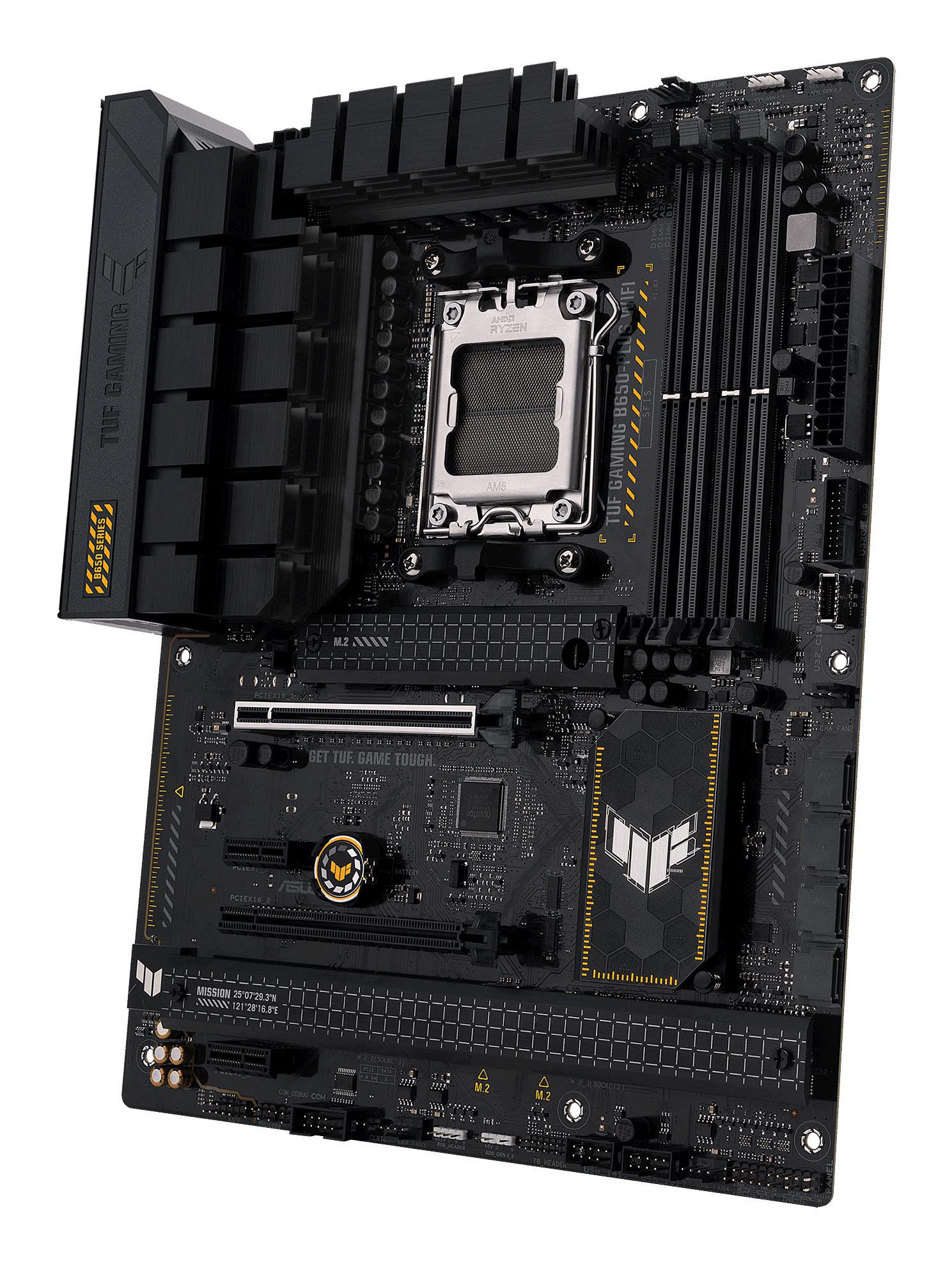 ca54f408-5e9d-4c4d-a97e-b1d27d2b7d1e Mainboard ASUS AMD B650 SAM5 ATX Memory DDR5 Memory slots 4 2xPCI-Express 4.0 1x 2xPCI-Express 4.0 16x 3xM.2 1xHDMI 1xDisplayPort 4xUSB 2.0 2xUSB 3.2 2xUSB-C 1xRJ45 5xAudio port TUFGAMINGB650-PLUSWIFI