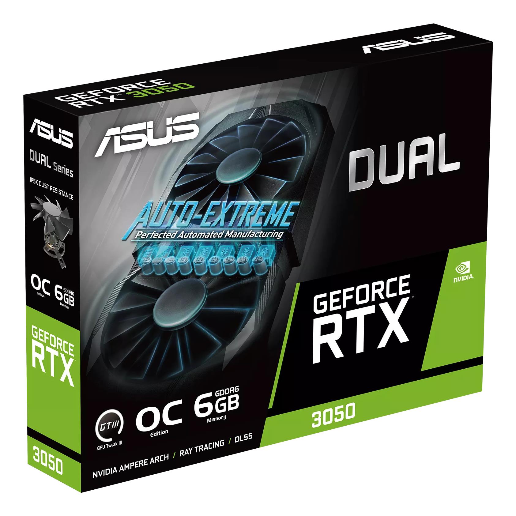 cccb3a48-5bdd-4f0d-aeea-2290a20aafb1 Graphics Card ASUS NVIDIA GeForce RTX 3050 6 GB GDDR6 96 bit PCIE 4.0 16x Dual Slot Fansink 1xDVI-D 1xHDMI 1xDisplayPort DUAL-RTX3050-O6G