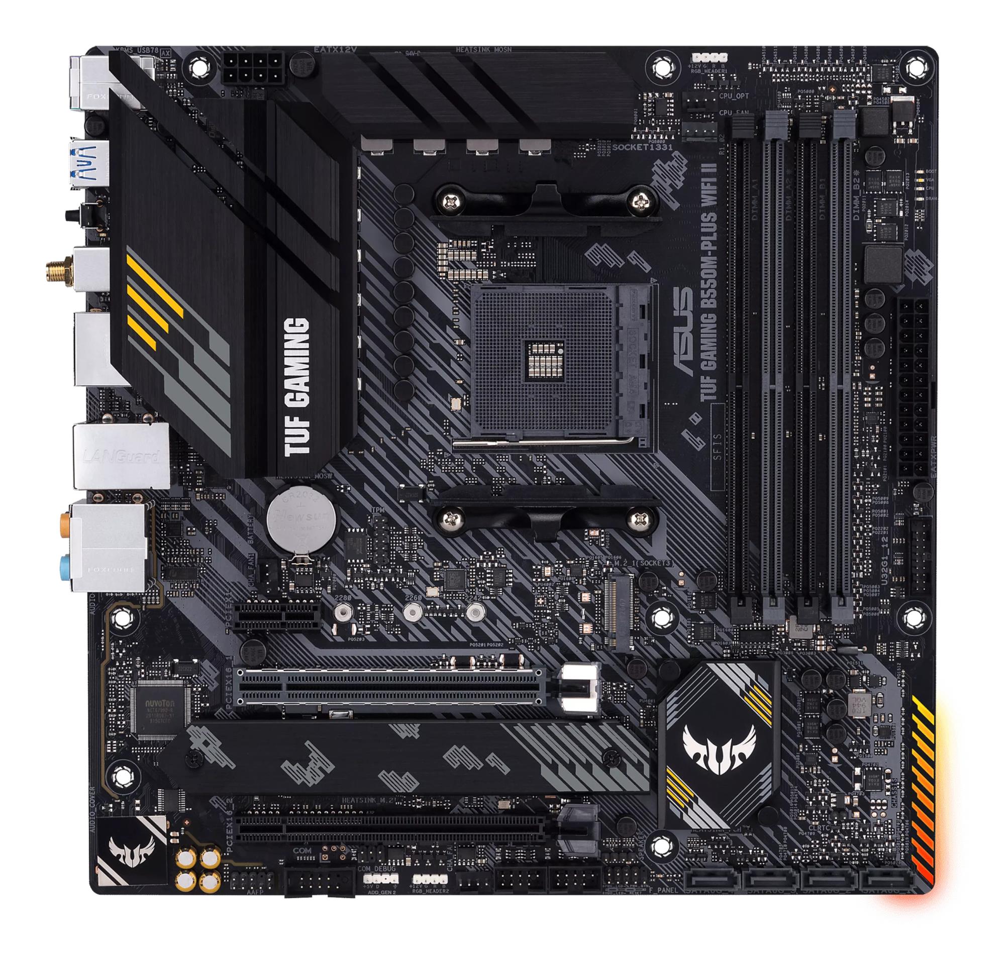 cf5d2976-84ec-412e-ac4d-ca4b17c6b8e5 Mainboard ASUS AMD B550 SAM4 MicroATX Memory DDR4 Memory slots 4 1xPCI-Express 3.0 1x 1xPCI-Express 3.0 16x 1xPCI-Express 4.0 16x 2xM.2 1xHDMI 1xDisplayPort 2xUSB 2.0 5xUSB 3.2 1xUSB type C 1xPS/2 1xOptical S/PDIF 1xRJ45 5xAudio port TUFGAMB550MPLUSWIFIII