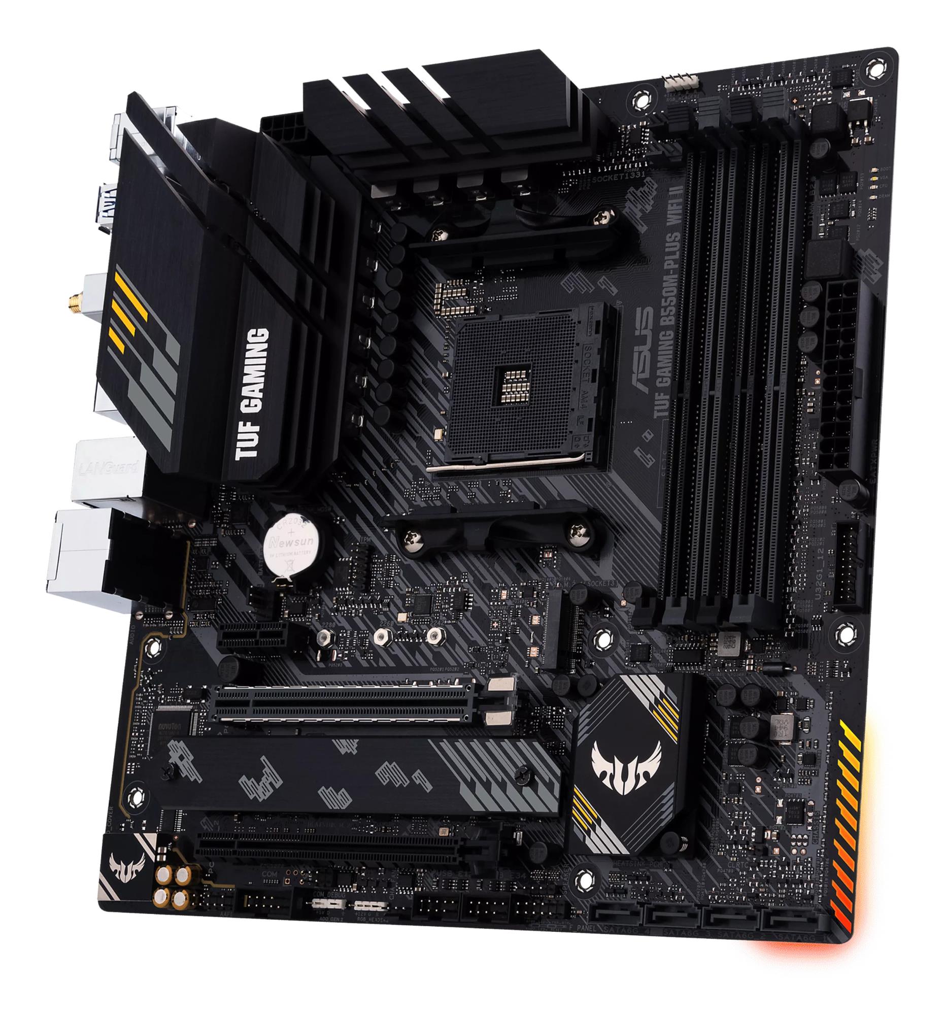 d03aa799-fc6b-4e57-89ca-772643424afd Mainboard ASUS AMD B550 SAM4 MicroATX Memory DDR4 Memory slots 4 1xPCI-Express 3.0 1x 1xPCI-Express 3.0 16x 1xPCI-Express 4.0 16x 2xM.2 1xHDMI 1xDisplayPort 2xUSB 2.0 5xUSB 3.2 1xUSB type C 1xPS/2 1xOptical S/PDIF 1xRJ45 5xAudio port TUFGAMB550MPLUSWIFIII