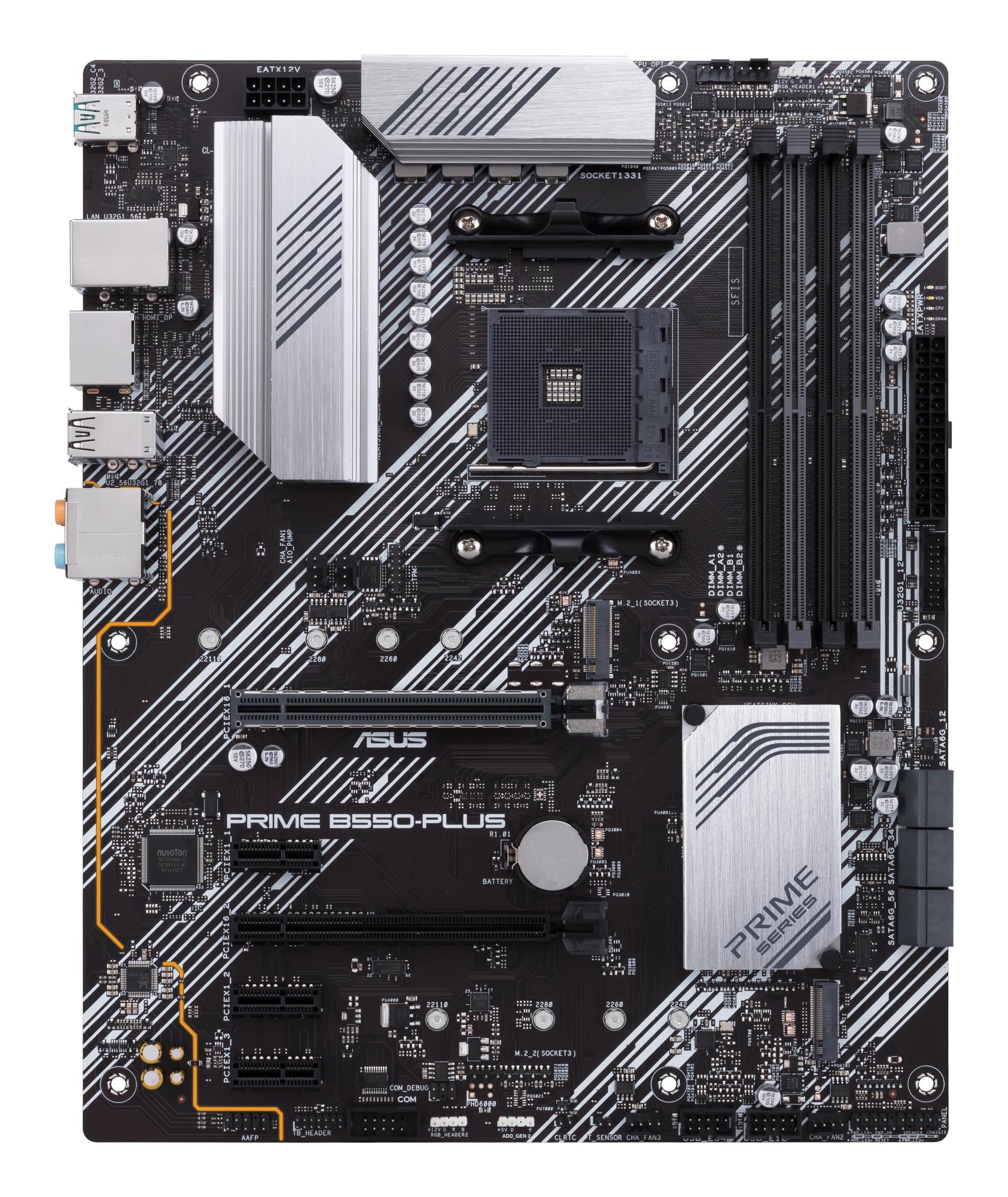 d1253e95-4684-4d85-b40a-bc1df2b4f281 Mainboard ASUS AMD B550 SAM4 ATX 3xPCI-Express 3.0 1x 1xPCI-Express 3.0 16x 2xM.2 1xPCI-Express 4.0 16x Memory DDR4 Memory slots 4 1xHDMI 1xDisplayPort 2xUSB 2.0 1xUSB type C 5xUSB 3.2 1xOptical S/PDIF 1xRJ45 5xAudio port PRIMEB550-PLUS