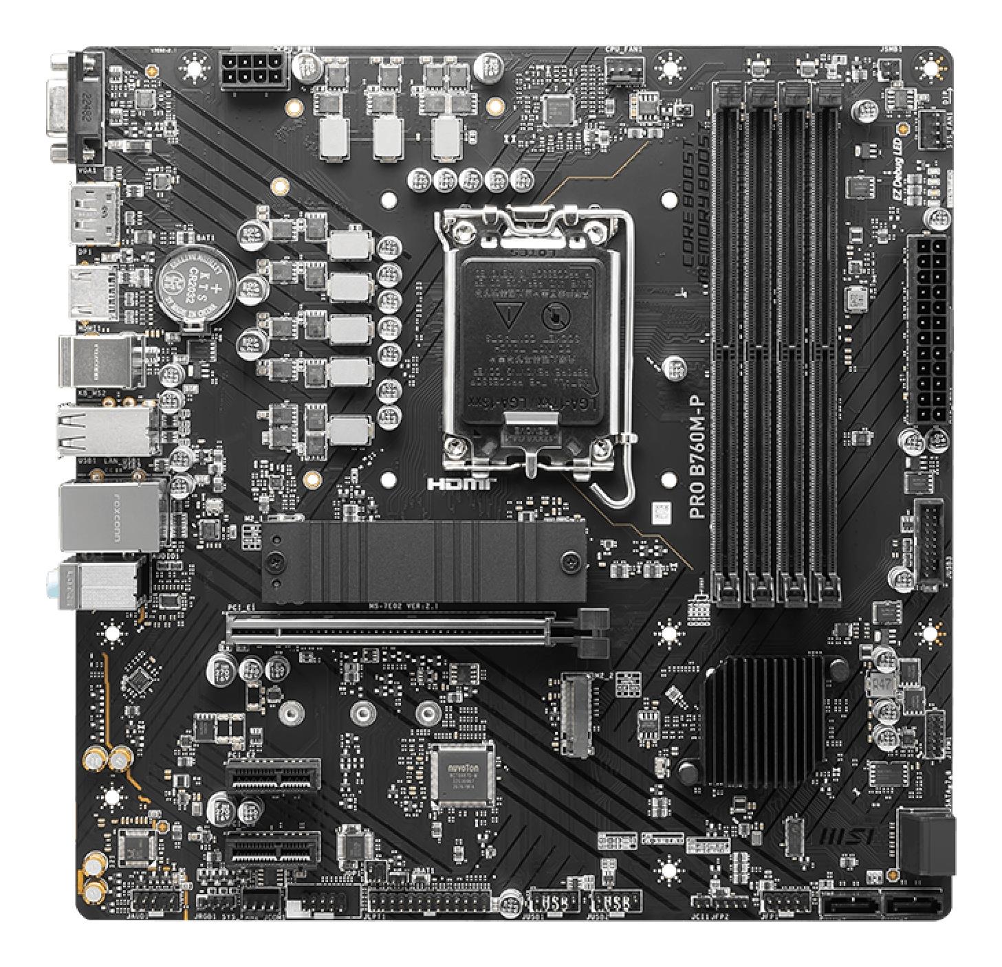 d352da93-7dc8-4ce3-b46f-6c6c835d0122 Mainboard MSI Intel B760 Express LGA1700 Micro-ATX Memory DDR5 Memory slots 4 2xPCI-Express 1x 1xPCI-Express 16x 2xM.2 1x15pin D-sub 1xHDMI 1xDisplayPort 4xUSB 2.0 1xUSB 3.2 1xUSB-C 2xPS/2 1xRJ45 3xAudio port PROB760M-P