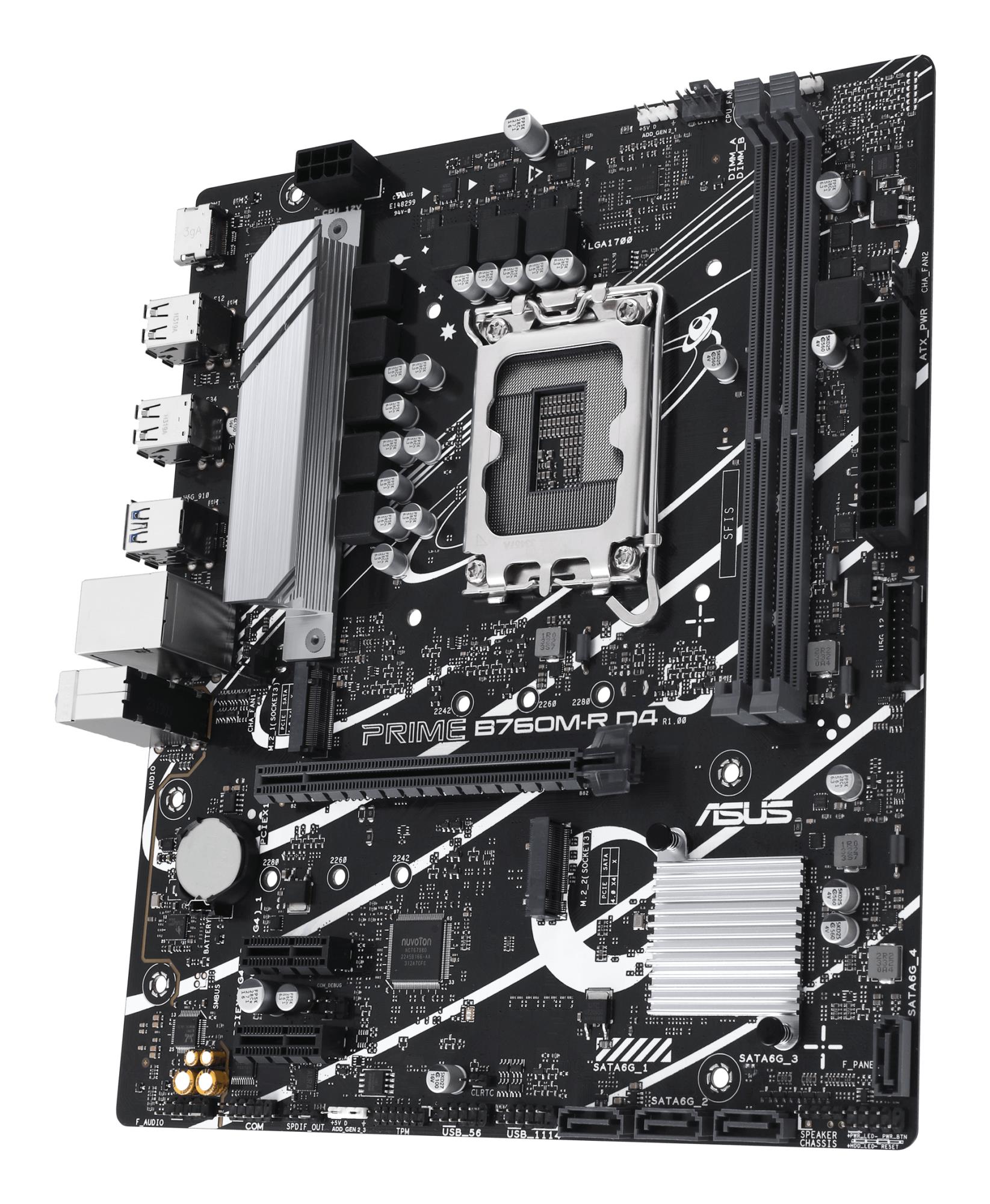 dcf0682d-c34b-462a-9411-e5a309b07c54 Mainboard ASUS Intel B760 Express LGA1700 Micro-ATX Memory DDR4 Memory slots 2 2xPCI-Express 4.0 1x 1xPCI-Express 4.0 16x 2xM.2 1x15pin D-sub 1xHDMI 4xUSB 2.0 4xUSB 3.2 1xOptical S/PDIF 3xAudio port PRIMEB760M-RD4