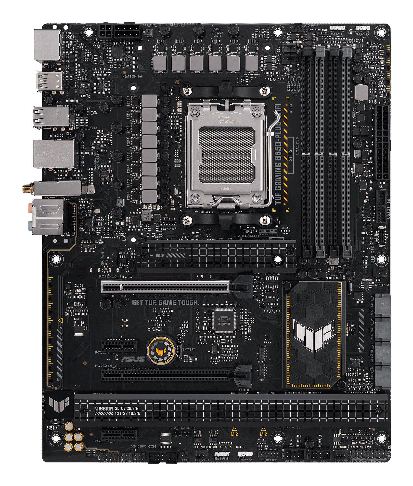 f202c6d6-5f08-436e-9c17-47eba275db7a Mainboard ASUS AMD B650 SAM5 ATX Memory DDR5 Memory slots 4 2xPCI-Express 4.0 1x 2xPCI-Express 4.0 16x 3xM.2 1xHDMI 1xDisplayPort 4xUSB 2.0 2xUSB 3.2 2xUSB-C 1xRJ45 5xAudio port TUFGAMINGB650-PLUSWIFI