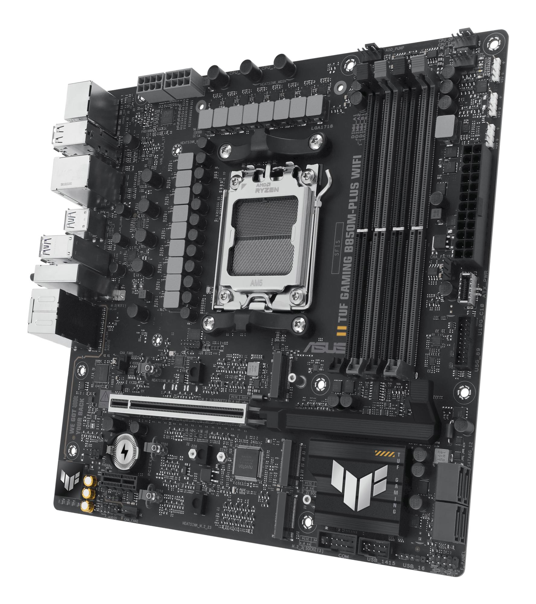 f84689d1-2339-4923-a48d-3aab8cb39348 Mainboard ASUS AMD B850 SAM5 Micro-ATX Memory DDR5 Memory slots 4 1xPCI-Express 4.0 1x 1xPCI-Express 4.0 16x 1xPCI-Express 5.0 16x 3xM.2 1xHDMI 1xDisplayPort 11xUSB 2.0 2xUSB-C 1xRJ45 5xAudio port GAMINGB850M-PLUSWIFI