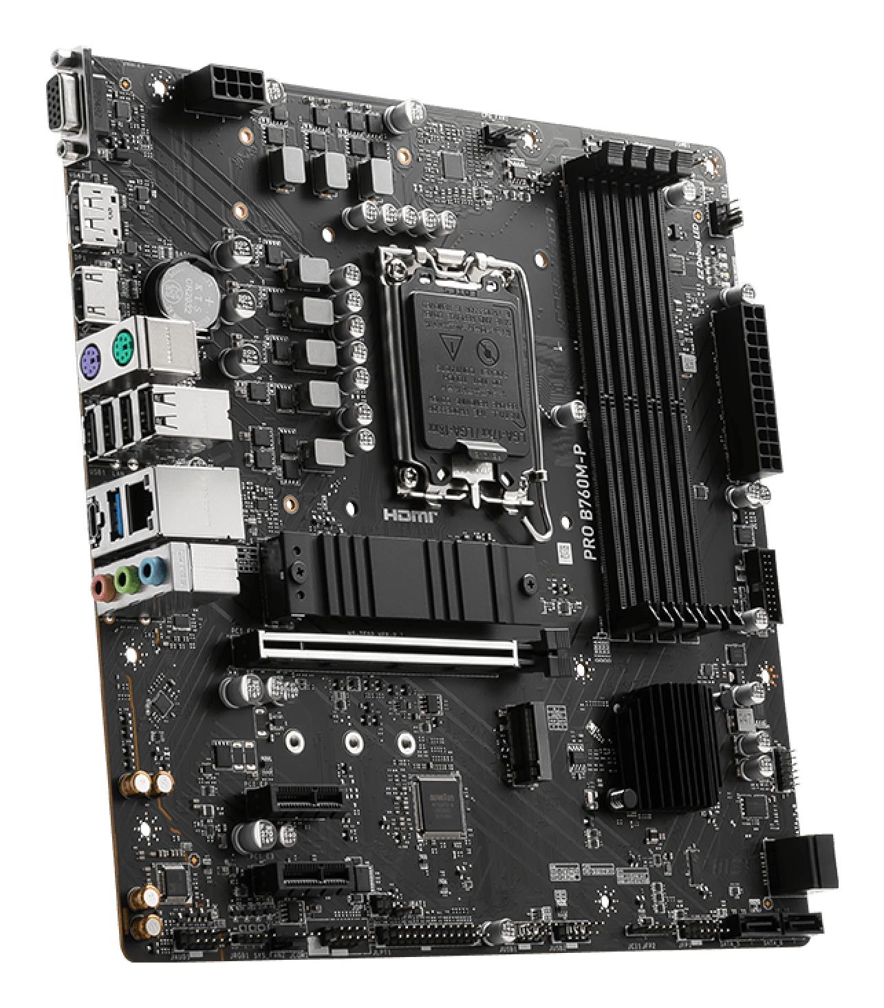 faf13c88-3e66-4ac6-90ca-83d800890e95 Mainboard MSI Intel B760 Express LGA1700 Micro-ATX Memory DDR5 Memory slots 4 2xPCI-Express 1x 1xPCI-Express 16x 2xM.2 1x15pin D-sub 1xHDMI 1xDisplayPort 4xUSB 2.0 1xUSB 3.2 1xUSB-C 2xPS/2 1xRJ45 3xAudio port PROB760M-P