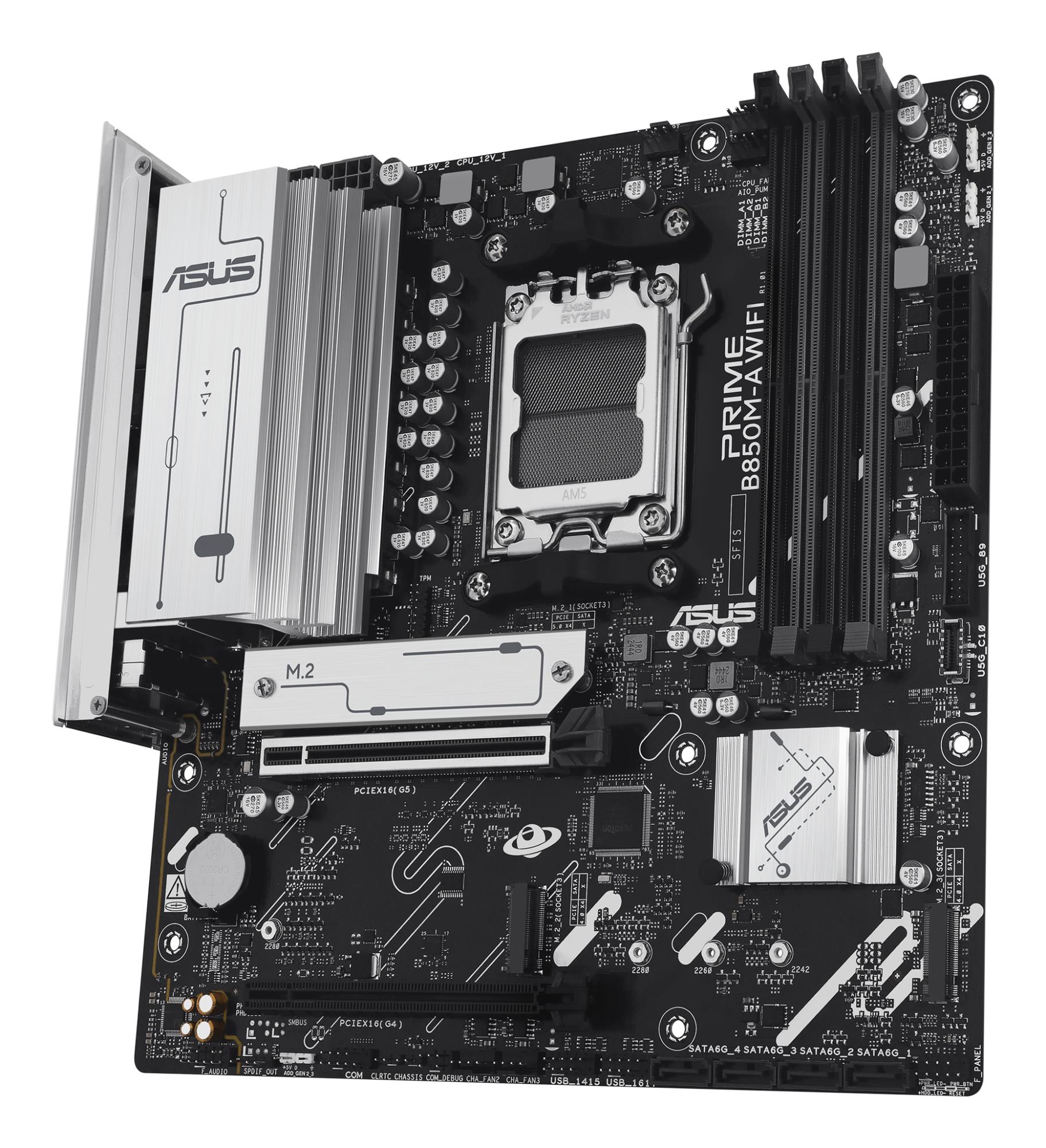 07ec0635-91fc-4d9b-aaca-56523ace1bc2 Mainboard ASUS AMD B850 SAM5 Micro-ATX Memory DDR5 Memory slots 4 1xPCI-Express 4.0 16x 1xPCI-Express 5.0 16x 3xM.2 1xHDMI 2xDisplayPort 4xUSB 2.0 4xUSB 3.2 1xRJ45 3xAudio port PRIMEB850M-AWIFI