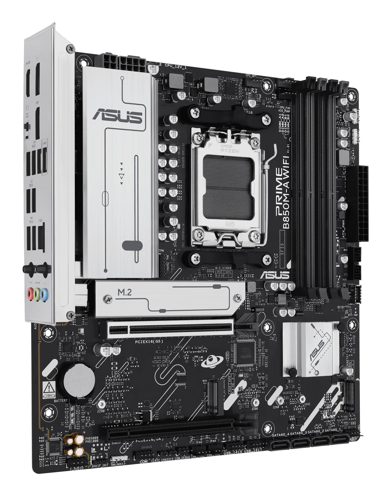 09536cf8-f0c0-4f47-bf0e-1f9d877889d3 Mainboard ASUS AMD B850 SAM5 Micro-ATX Memory DDR5 Memory slots 4 1xPCI-Express 4.0 16x 1xPCI-Express 5.0 16x 3xM.2 1xHDMI 2xDisplayPort 4xUSB 2.0 4xUSB 3.2 1xRJ45 3xAudio port PRIMEB850M-AWIFI