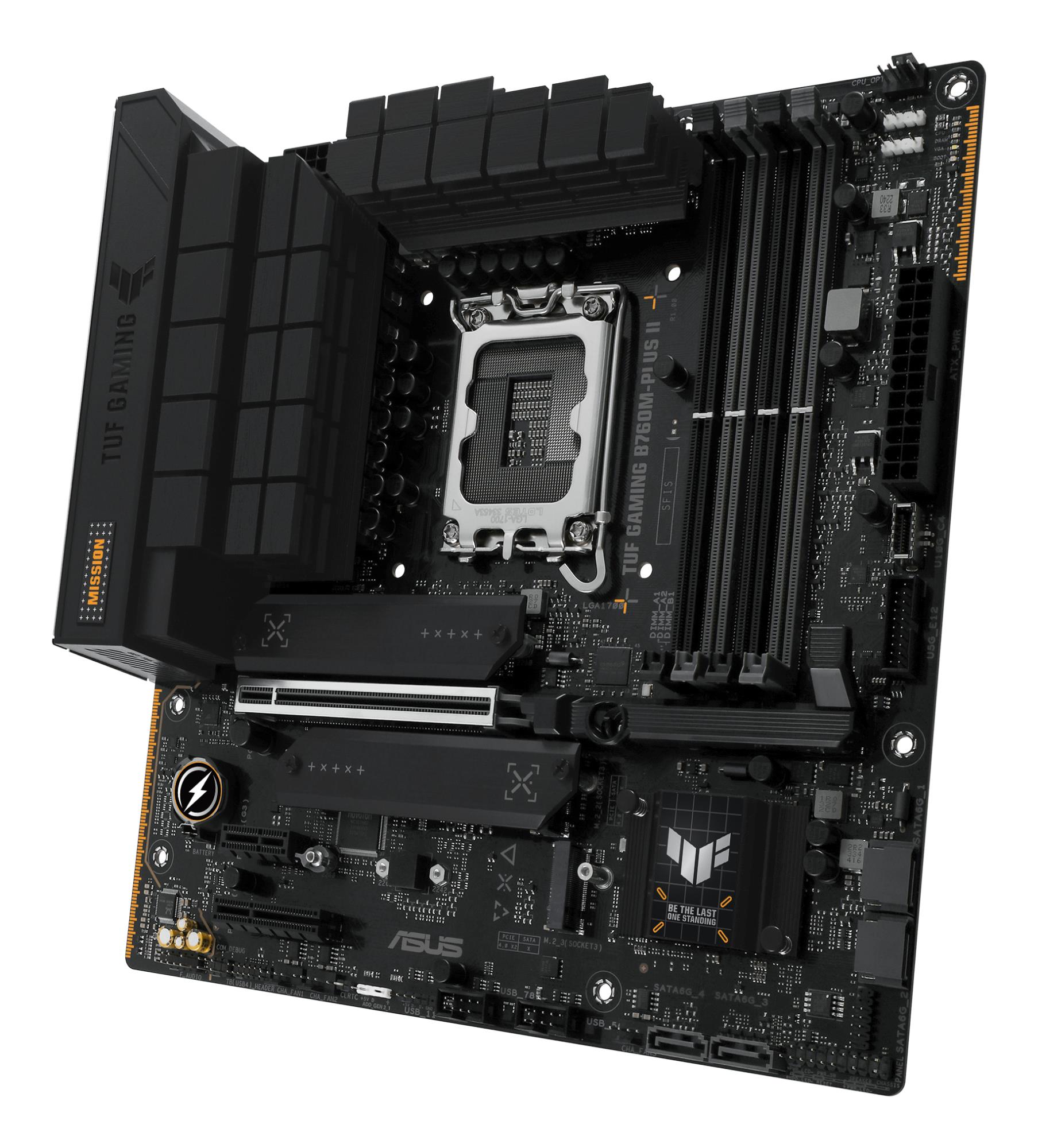 121165a6-a21f-4dd4-a1a0-1ec0731b0b6c Mainboard ASUS Intel B760 Express LGA1700 Micro-ATX Memory slots 4 1xPCI-Express 3.0 1x 1xPCI-Express 4.0 4x 1xPCI-Express 5.0 16x 3xM.2 1xHDMI 1xDisplayPort 4xUSB 2.0 3xUSB 3.2 1xUSB-C 1xOptical S/PDIF 1xRJ45 5xAudio port TUFGAMINGB760M-PLUSII