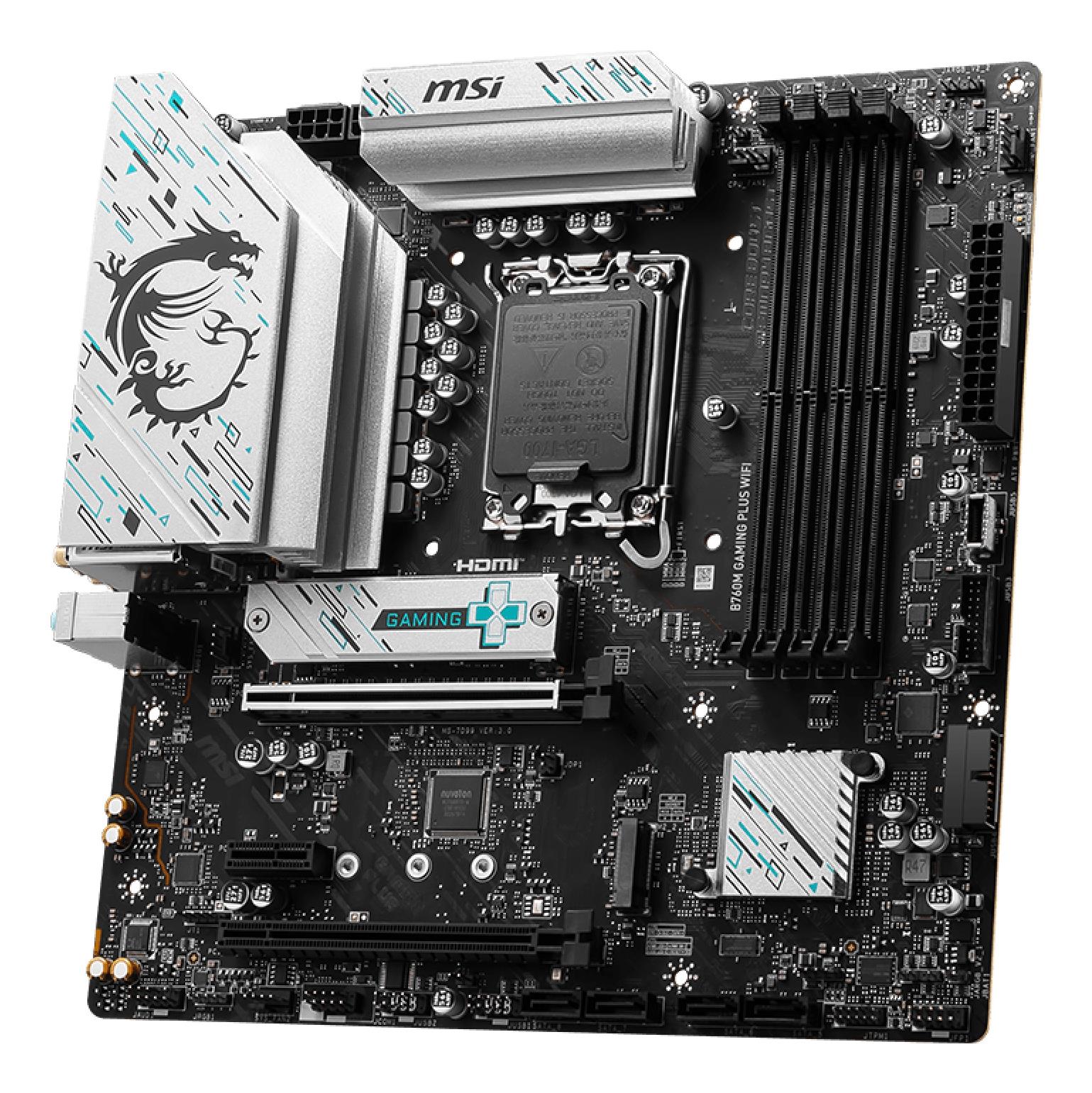1fc40bc7-5173-48c0-b04c-c0b4ad782f27 Mainboard MSI Intel B760 Express LGA1700 Micro-ATX Memory DDR5 Memory slots 4 1xPCI-Express 3.0 1x 1xPCI-Express 4.0 4x 1xPCI-Express 4.0 16x 2xM.2 2xHDMI 2xDisplayPort 2xUSB 2.0 4xUSB 3.2 1xPS/2 1xRJ45 3xAudio port B760MGAMINGPLUSWIFI