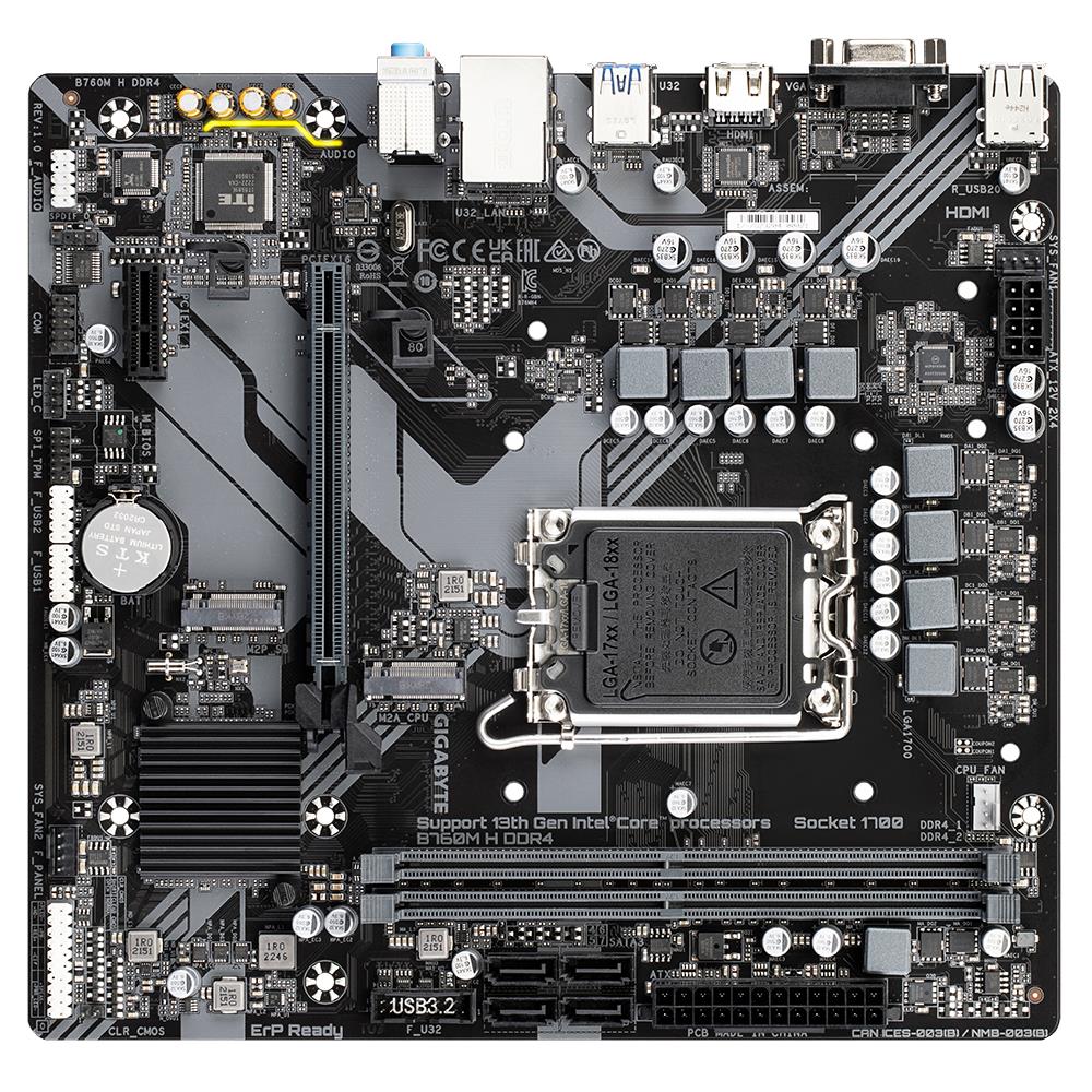 243634e8-5d28-40dc-a9c3-78f09e6ac776 Mainboard GIGABYTE Intel B760 Express LGA1700 Micro-ATX Memory DDR4 Memory slots 2 1xPCI-Express 3.0 1x 1xPCI-Express 4.0 16x 2xM.2 1x15pin D-sub 1xHDMI 1xAudio-In 1xAudio-Out 1xMicrophone 2xUSB 2.0 4xUSB 3.2 1xRJ45 B760MHDDR4