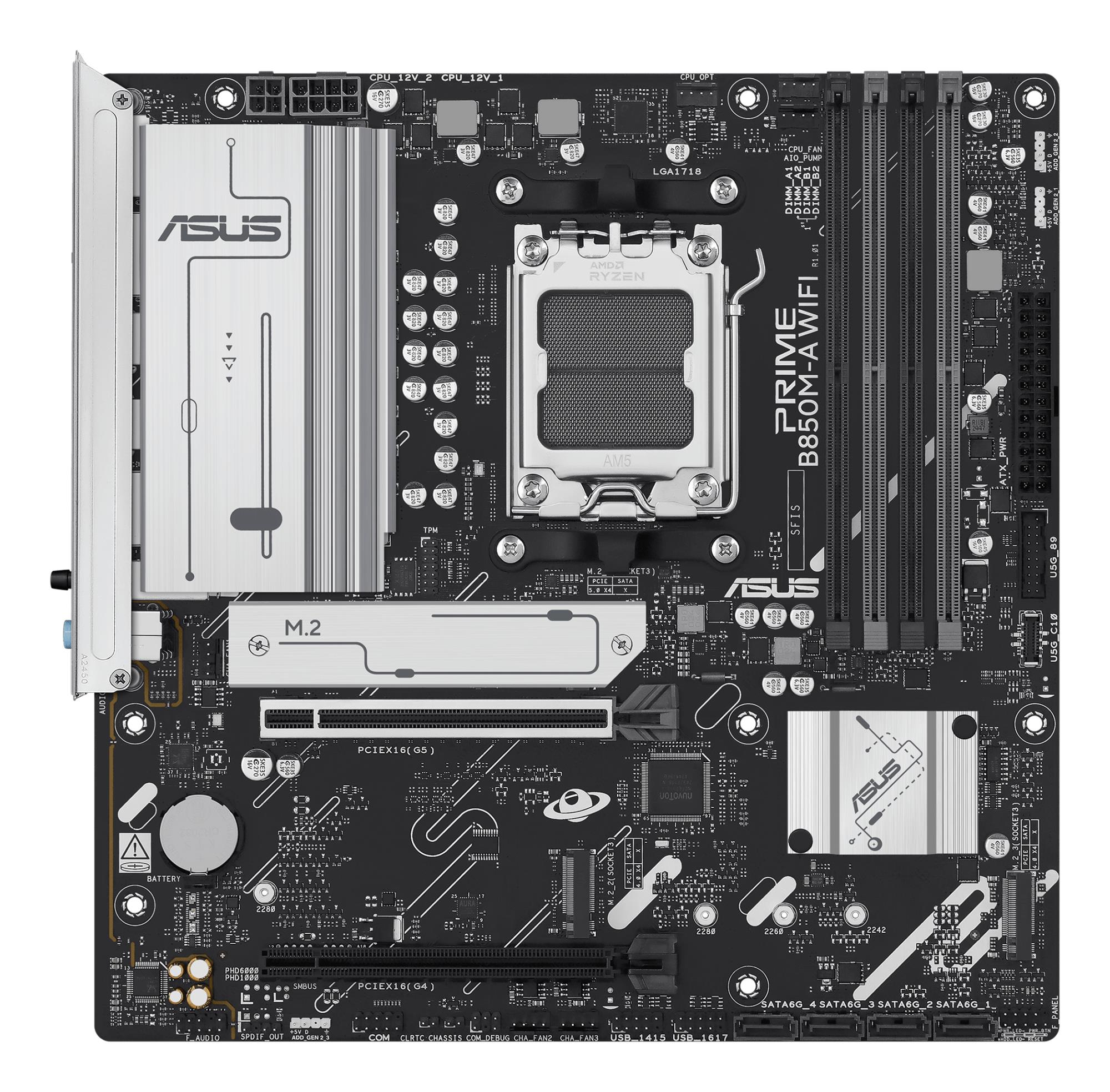 2c630300-417e-4845-a128-2c1f0b3926fb Mainboard ASUS AMD B850 SAM5 Micro-ATX Memory DDR5 Memory slots 4 1xPCI-Express 4.0 16x 1xPCI-Express 5.0 16x 3xM.2 1xHDMI 2xDisplayPort 4xUSB 2.0 4xUSB 3.2 1xRJ45 3xAudio port PRIMEB850M-AWIFI