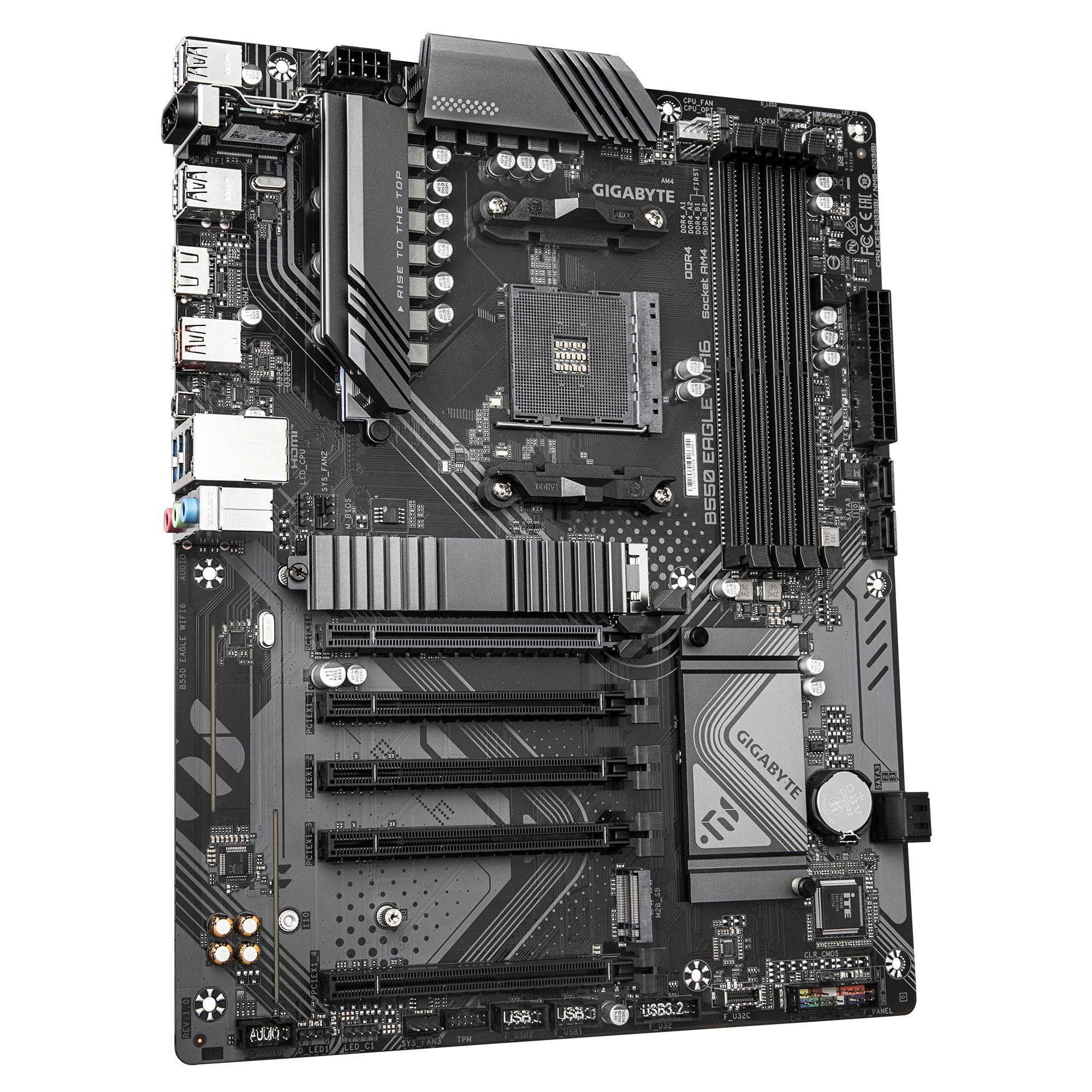 2f3ba8a5-35ff-4db1-a460-603ac64426d3 Mainboard GIGABYTE AMD B550 SAM4 ATX Memory DDR4 Memory slots 4 4xPCI-Express 1x 1xPCI-Express 16x 2xM.2 1xHDMI 1xAudio-In 1xAudio-Out 1xMicrophone 4xUSB 2.0 3xUSB 3.2 1xUSB-C 1xRJ45 B550EAGLEWIFI61.0