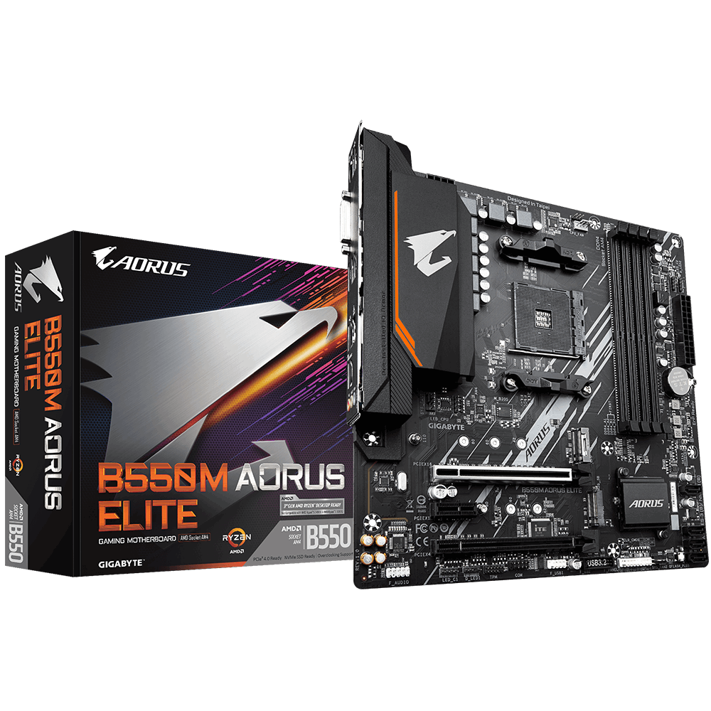 303771-b550m-aorus-elite-4719331809546-0.webp Gigabyte B550M AORUS ELITE 1.0 Processor family AMD Processor socket AM4 DDR4 DIMM Memory slots 4 Number of SATA connectors 4 x SATA 6Gb/s connectors Chipset AMD B Micro ATX