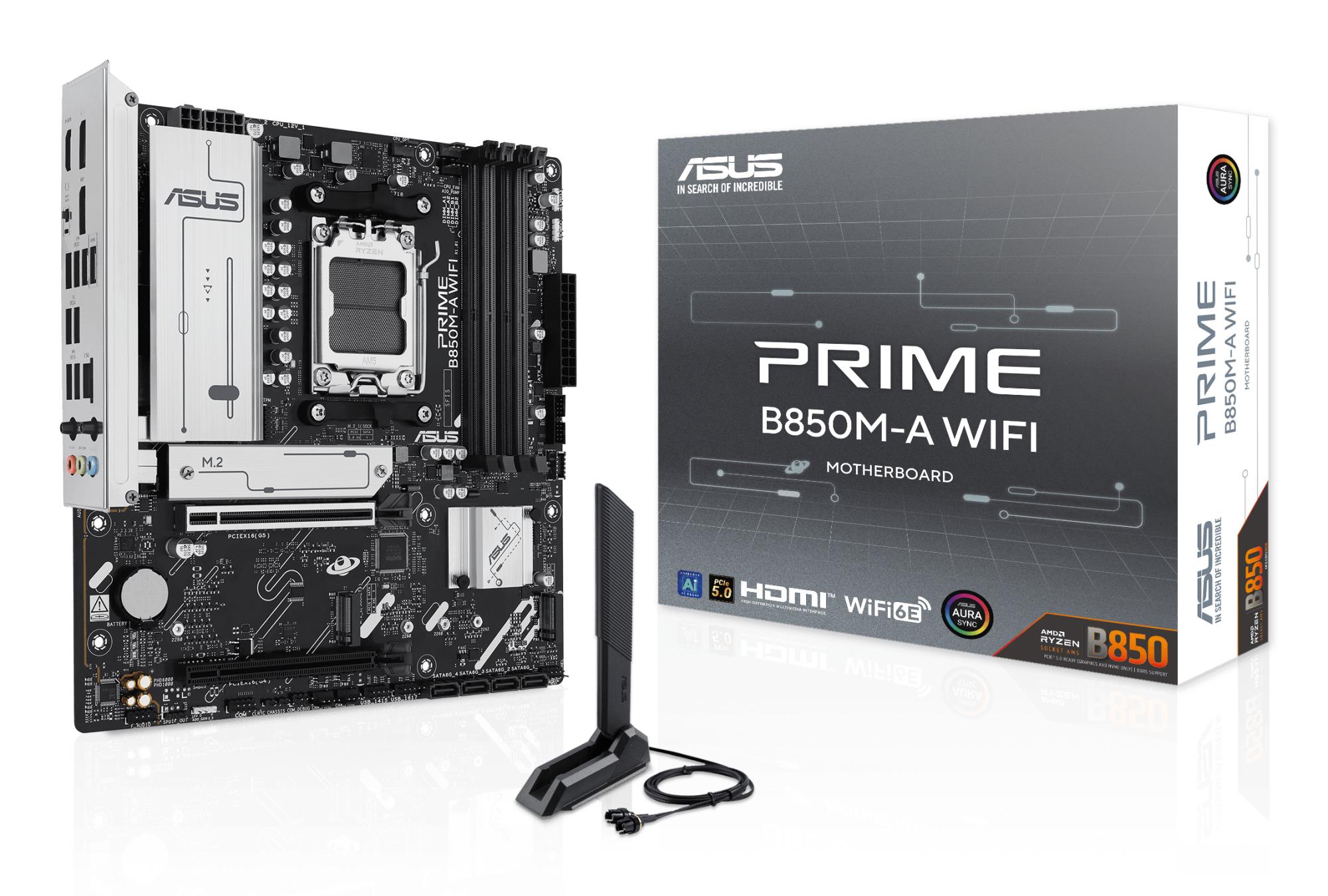 31077da8-f611-4ccc-86f1-6904102b7cff Mainboard ASUS AMD B850 SAM5 Micro-ATX Memory DDR5 Memory slots 4 1xPCI-Express 4.0 16x 1xPCI-Express 5.0 16x 3xM.2 1xHDMI 2xDisplayPort 4xUSB 2.0 4xUSB 3.2 1xRJ45 3xAudio port PRIMEB850M-AWIFI