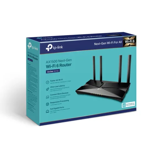 AX1500 Wi-Fi 6 Router   Archer AX10   802.11ax   1201+300 Mbit/s   10/100/1000 Mbit/s   Ethernet LAN (RJ-45) ports 4   Mesh Support No   MU-MiMO Yes   No mobile broadband   Antenna type 4xExternal