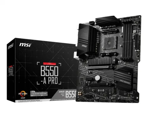 MSI   B550-A PRO   Processor family AMD   Processor socket AM4   DDR4 DIMM   Memory slots 4   Supported hard disk drive interfaces SATA, M.2   Number of SATA connectors 6   Chipset AMD B550   ATX