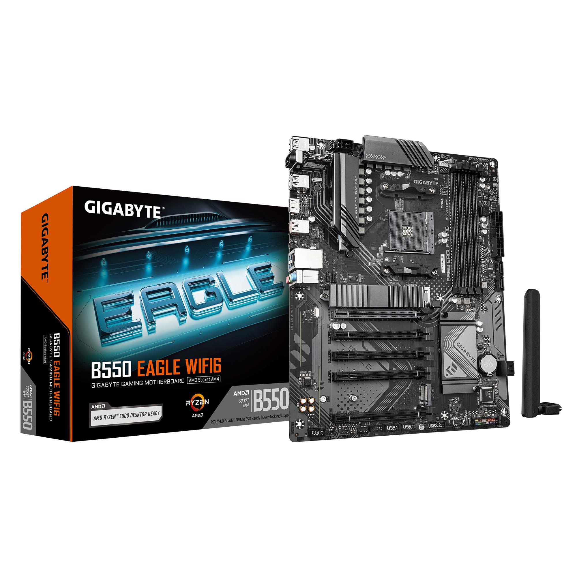 36289341-f056-402f-8e7f-e62d260660ba Mainboard GIGABYTE AMD B550 SAM4 ATX Memory DDR4 Memory slots 4 4xPCI-Express 1x 1xPCI-Express 16x 2xM.2 1xHDMI 1xAudio-In 1xAudio-Out 1xMicrophone 4xUSB 2.0 3xUSB 3.2 1xUSB-C 1xRJ45 B550EAGLEWIFI61.0