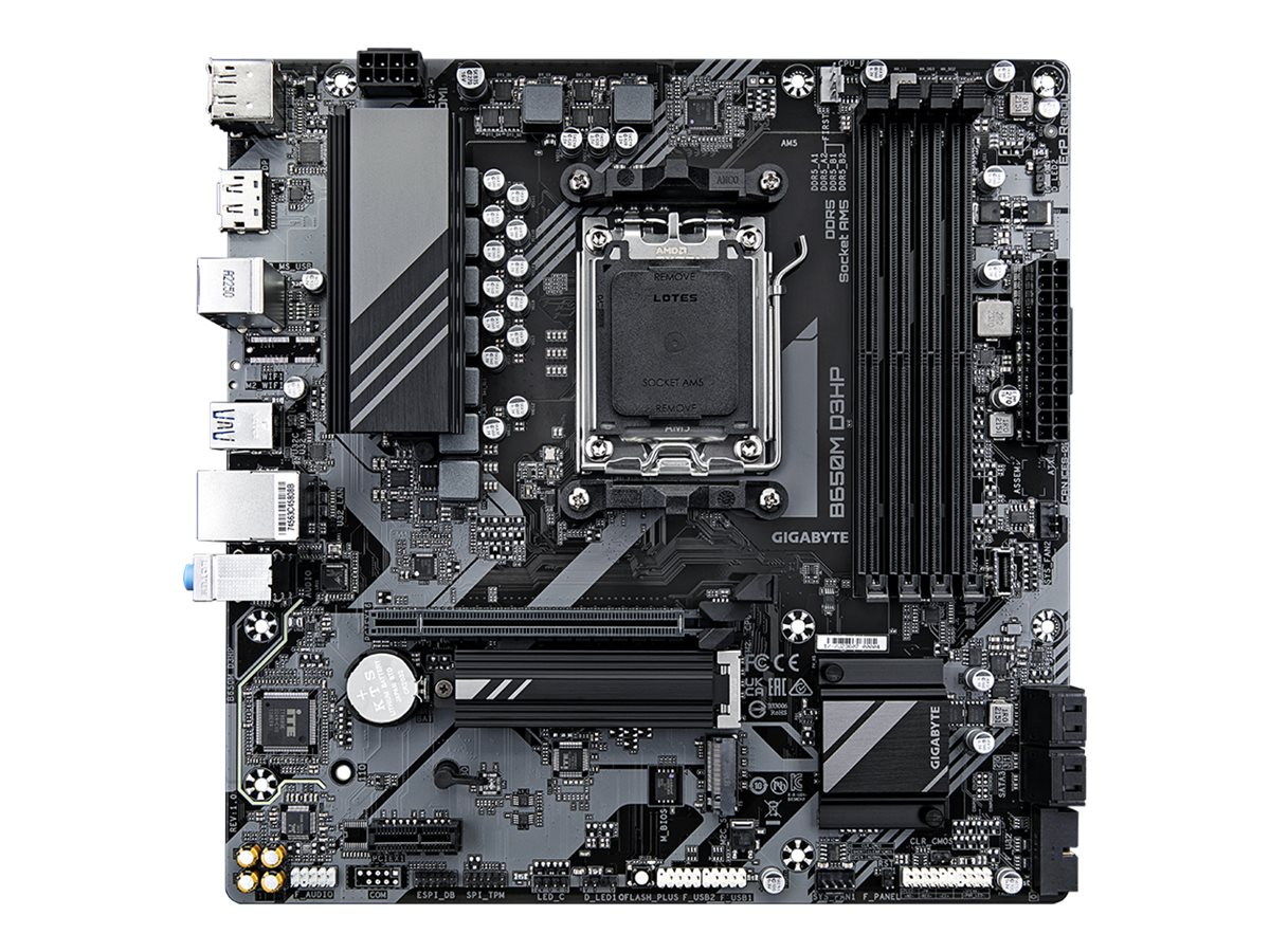 413558-b650m-d3hp-4719331857851-0.webp Gigabyte B650M D3HP Processor family AMD Processor socket AM5 DDR5 DIMM Memory slots 1 Supported hard disk drive interfaces SATA, M.2 Number of SATA connectors 4 Chipset AMD B650 Micro ATX