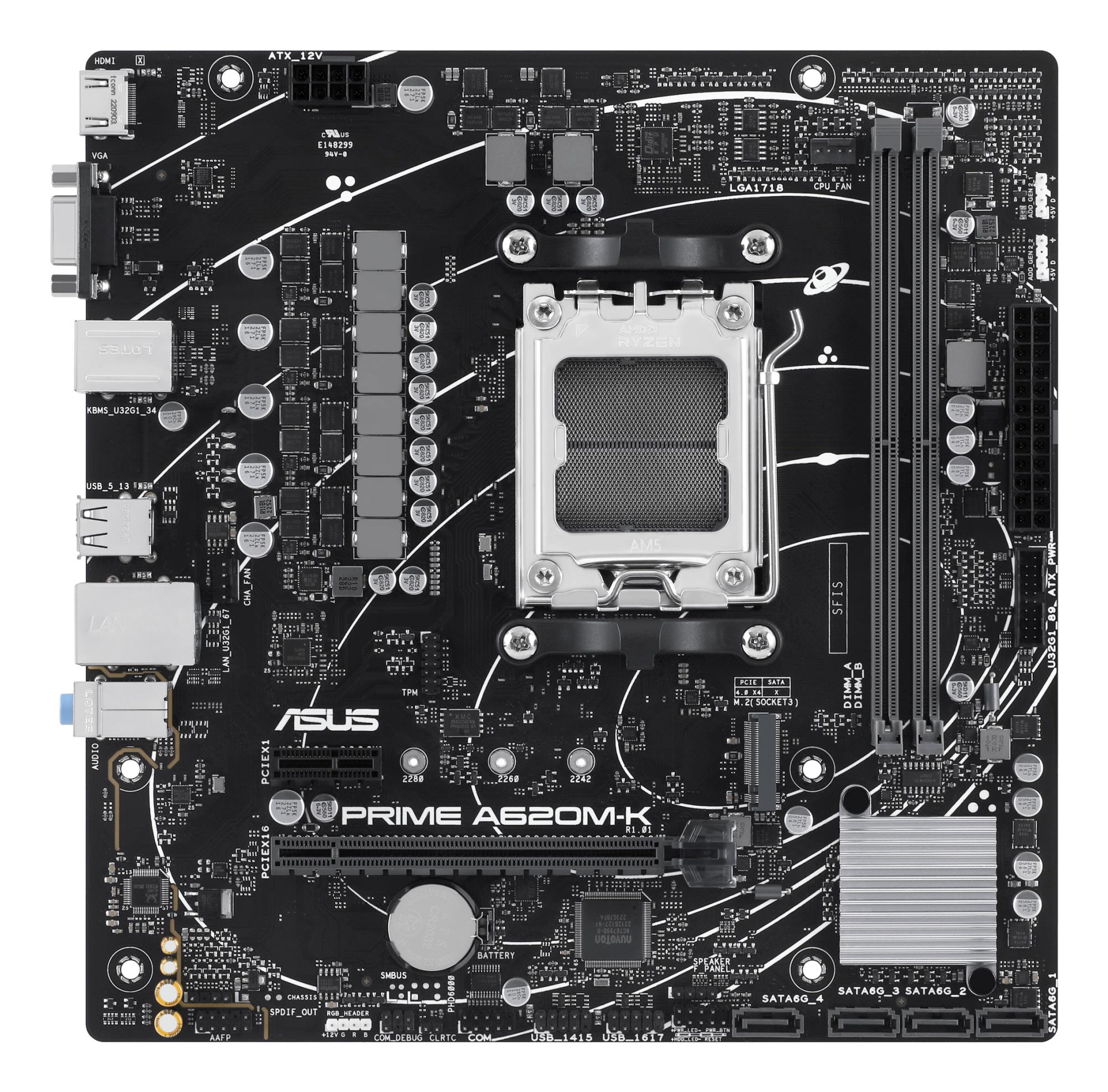 47a286a3-e237-47c7-8cdf-fad00db0b726 Mainboard ASUS AMD A620 Micro-ATX Memory DDR5 Memory slots 2 1xPCI-Express 3.0 1x 1xPCI-Express 4.0 16x 1xM.2 1x15pin D-sub 1xHDMI 2xUSB 2.0 4xUSB 3.2 1xPS/2 1xRJ45 3xAudio port PRIMEA620M-K