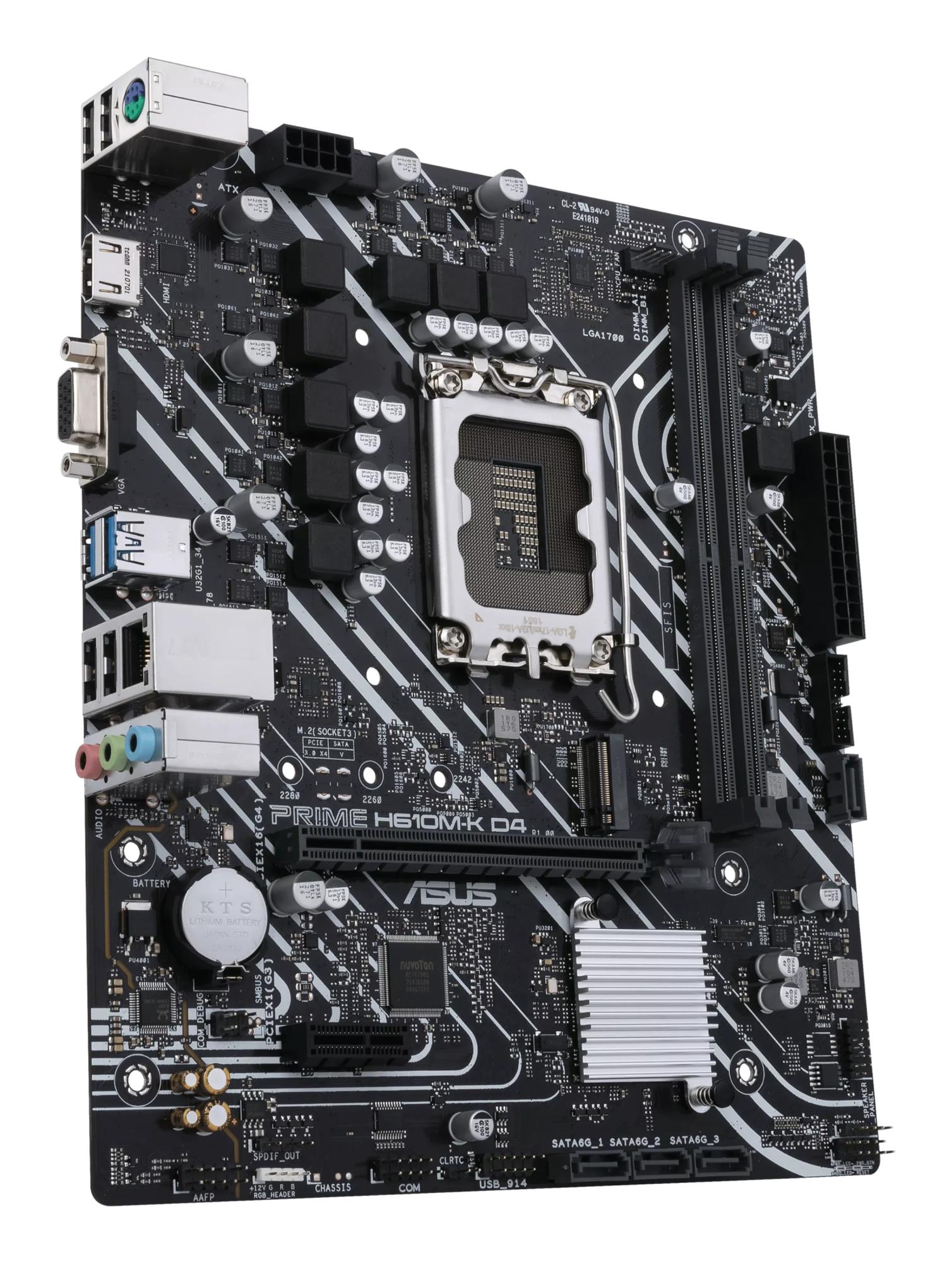 5d855103-87c8-49b0-9e33-b729fa5f9e07 Mainboard ASUS Intel H610 LGA1700 MicroATX Memory DDR4 Memory slots 2 1xPCI-Express 3.0 1x 1xPCI-Express 4.0 16x 1xM.2 1x15pin D-sub 1xHDMI 2xAudio-In 1xAudio-Out 4xUSB 2.0 2xUSB 3.2 1xPS/2 1xRJ45 PRIMEH610M-KD4