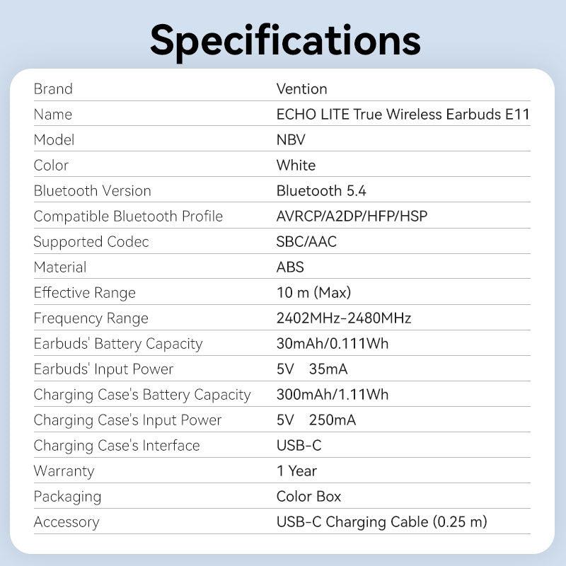651f6c89-54cb-4365-b6fd-bb1800334069 HEADSET WRL ECHO LITE E11/WHITE NBVW0 VENTION