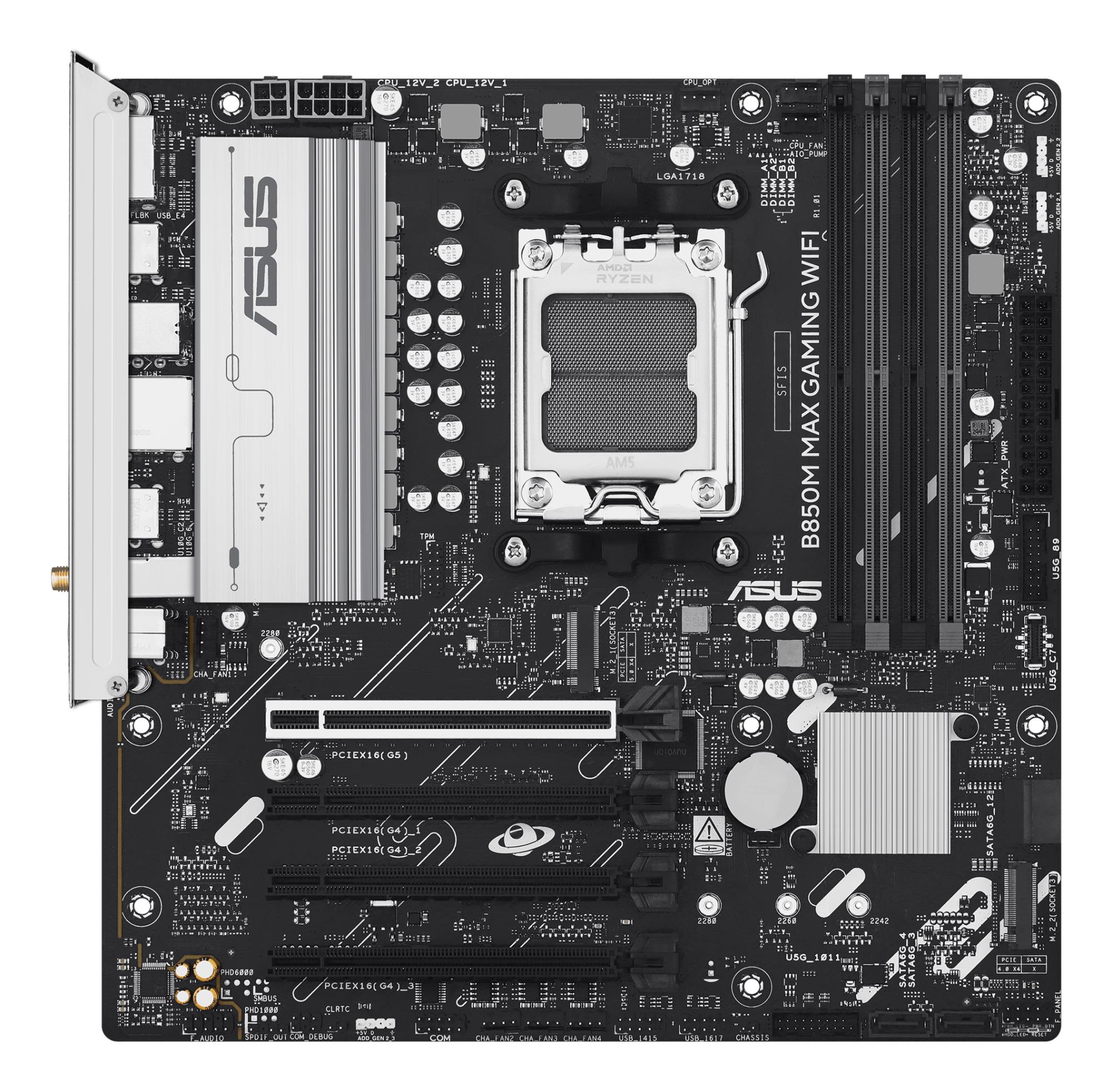 67f26eec-b81b-4a79-a8fd-d3ce3a5904bd Mainboard ASUS AMD B850 SAM5 Micro-ATX Memory DDR5 Memory slots 4 3xPCI-Express 4.0 16x 1xPCI-Express 5.0 16x 3xM.2 1xHDMI 1xDisplayPort 5xUSB 2.0 2xUSB 3.2 2xUSB-C 1xRJ45 3xAudio port B850MMAXGAMINGWIFI