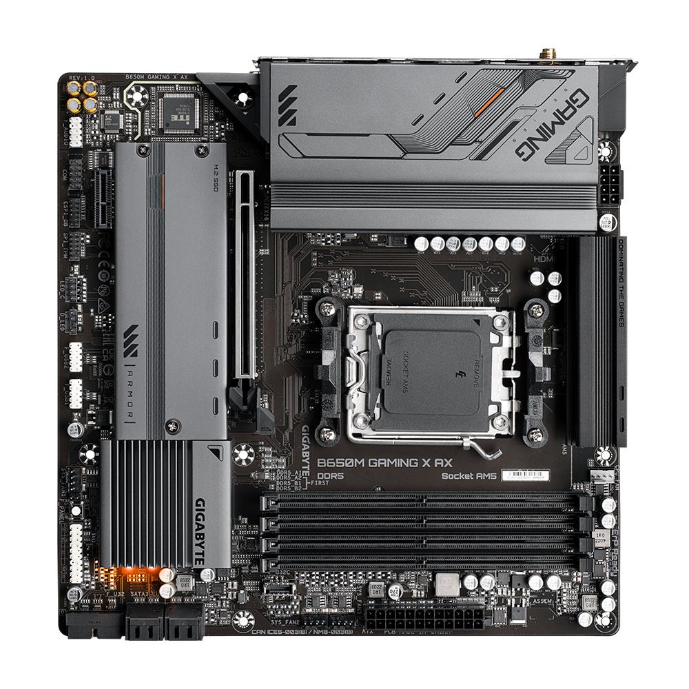 720a6588-2fe7-4bad-abd5-7166e41ee422 Mainboard GIGABYTE AMD B650 SAM5 Micro-ATX Memory DDR5 Memory slots 4 1xPCI-Express 3.0 1x 1xPCI-Express 4.0 16x 2xM.2 1xHDMI 2xDisplayPort 4xUSB 2.0 3xUSB 3.2 1xUSB-C 1xPS/2 1xRJ45 3xAudio port B650MGAMINGXAX1.3