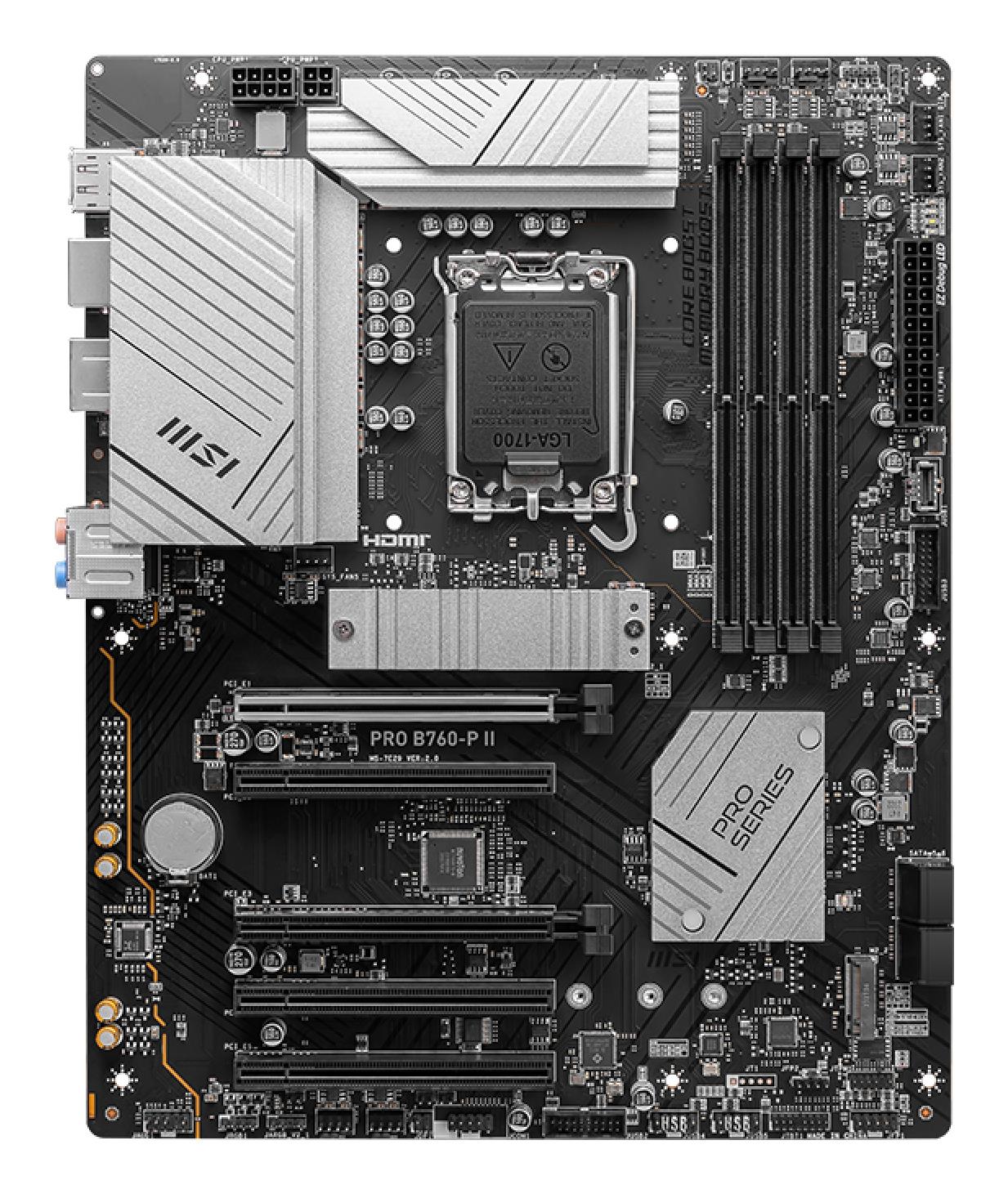 744fa481-f56d-4fe6-8b0d-b11364eb7dd5 Mainboard MSI Intel B760 Express LGA1700 Memory DDR5 Memory slots 4 5xPCI-Express 5.0 16x 2xM.2 1xHDMI 1xDisplayPort 2xUSB 2.0 2xUSB 3.2 1xUSB-C 1xOptical S/PDIF 1xRJ45 5xAudio port PROB760-PII