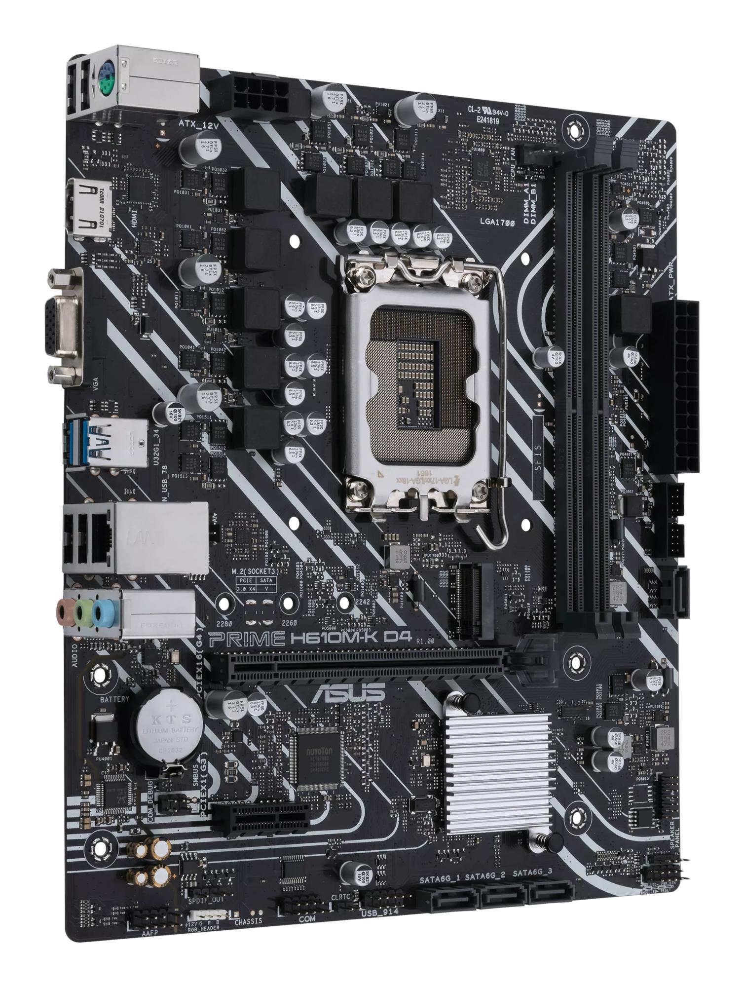 7f7bde17-cdf5-45aa-8f7c-2a12c5c9eb7f Mainboard ASUS Intel H610 LGA1700 MicroATX Memory DDR4 Memory slots 2 1xPCI-Express 3.0 1x 1xPCI-Express 4.0 16x 1xM.2 1x15pin D-sub 1xHDMI 2xAudio-In 1xAudio-Out 4xUSB 2.0 2xUSB 3.2 1xPS/2 1xRJ45 PRIMEH610M-KD4