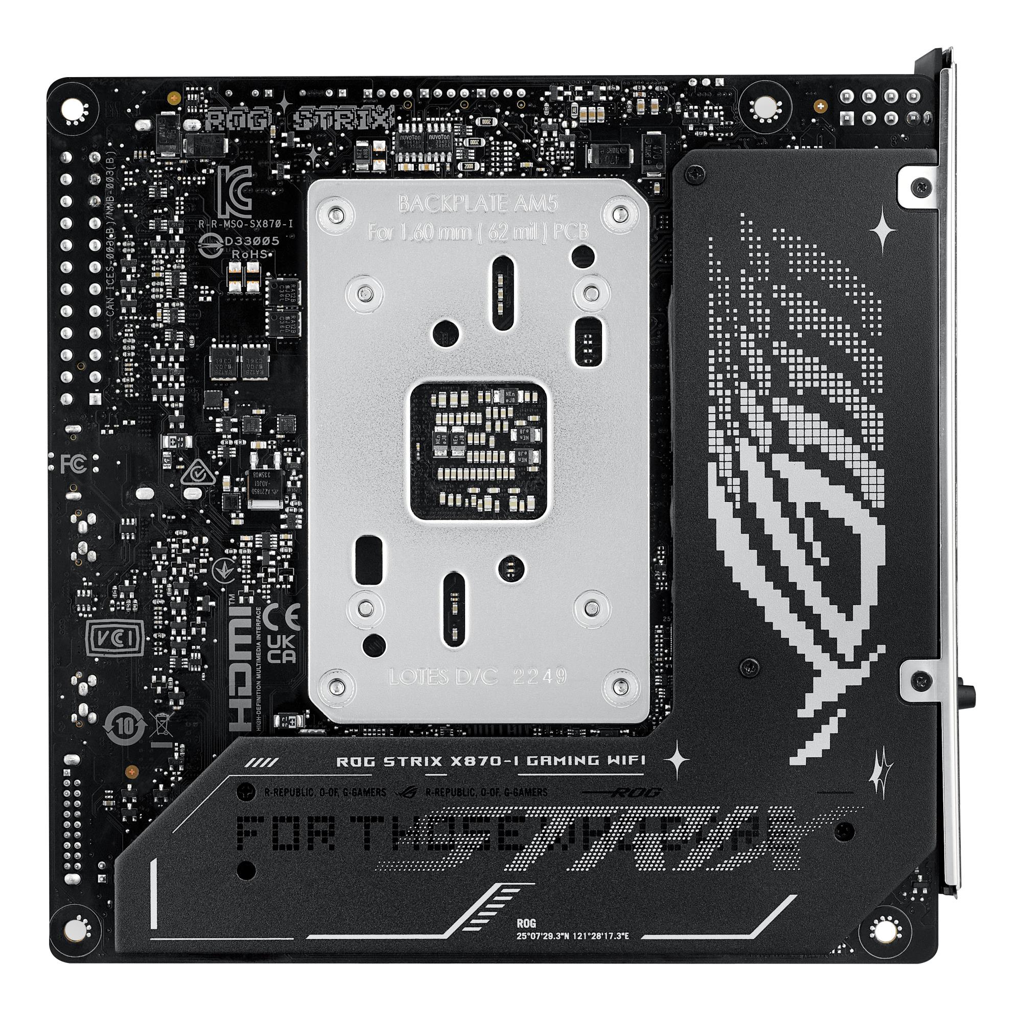 813158c2-af4e-48ea-901c-90da6d3416de Mainboard ASUS AMD X870 SAM5 Mini-ITX Memory DDR5 Memory slots 2 1xPCI-Express 4.0 16x 1xPCI-Express 5.0 16x 2xM.2 1xHDMI 3xUSB 3.0 4xUSB 3.2 1xUSB-C 2xUSB4 1xRJ45 ROGSTRIXX870-IGAMWIFI