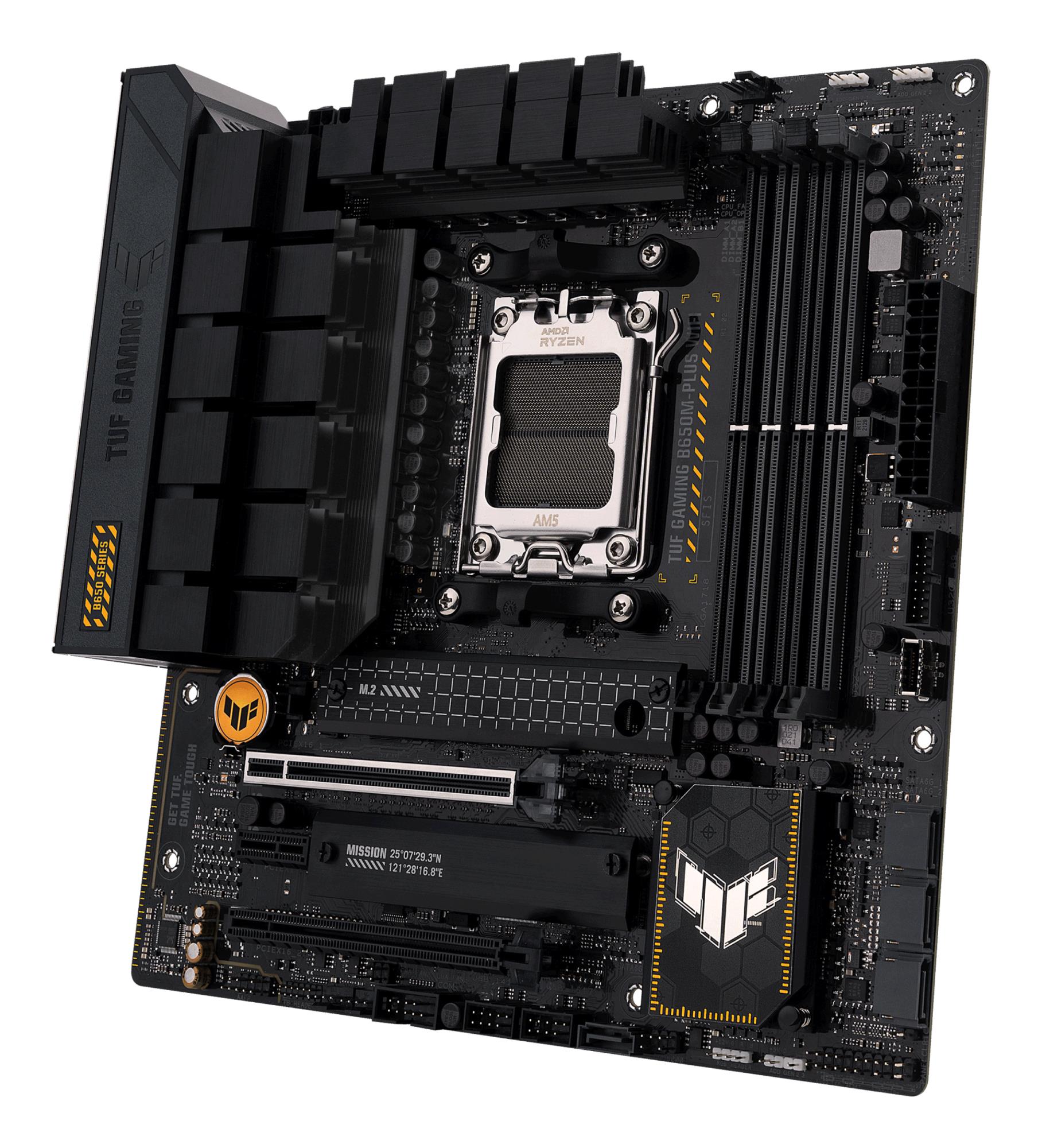 83e577e0-2ce1-4fb5-9172-6674bd200a2d Mainboard ASUS AMD B650 SAM5 MicroATX Memory DDR5 Memory slots 4 1xPCI-Express 4.0 1x 1xPCI-Express 4.0 16x 2xM.2 1xHDMI 1xDisplayPort 4xUSB 2.0 3xUSB 3.2 1xUSB-C 1xRJ45 5xAudio port TUFGAMB650M-PLUSWIFI