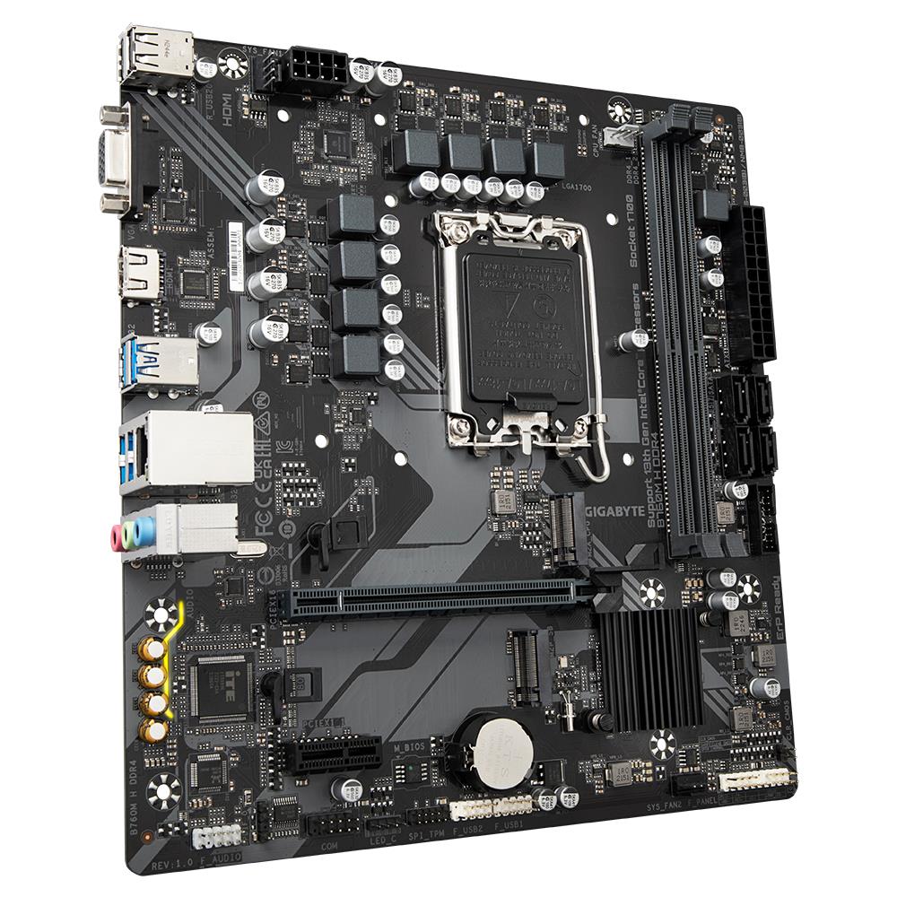 8579300a-b490-4e2a-8b07-51b53ba5b925 Mainboard GIGABYTE Intel B760 Express LGA1700 Micro-ATX Memory DDR4 Memory slots 2 1xPCI-Express 3.0 1x 1xPCI-Express 4.0 16x 2xM.2 1x15pin D-sub 1xHDMI 1xAudio-In 1xAudio-Out 1xMicrophone 2xUSB 2.0 4xUSB 3.2 1xRJ45 B760MHDDR4