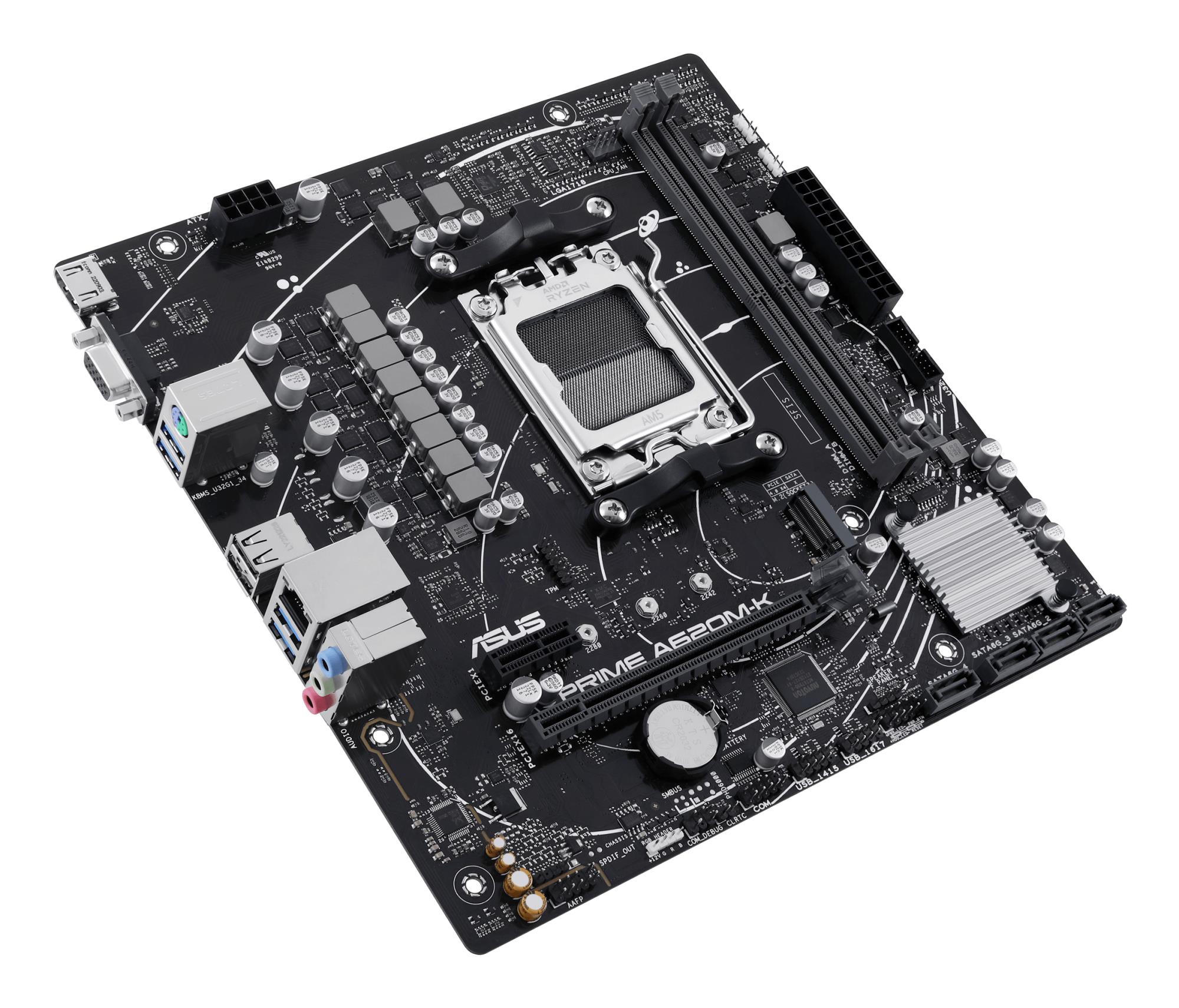 8ef61698-a633-4d9e-a20a-8e2da31c8169 Mainboard ASUS AMD A620 Micro-ATX Memory DDR5 Memory slots 2 1xPCI-Express 3.0 1x 1xPCI-Express 4.0 16x 1xM.2 1x15pin D-sub 1xHDMI 2xUSB 2.0 4xUSB 3.2 1xPS/2 1xRJ45 3xAudio port PRIMEA620M-K