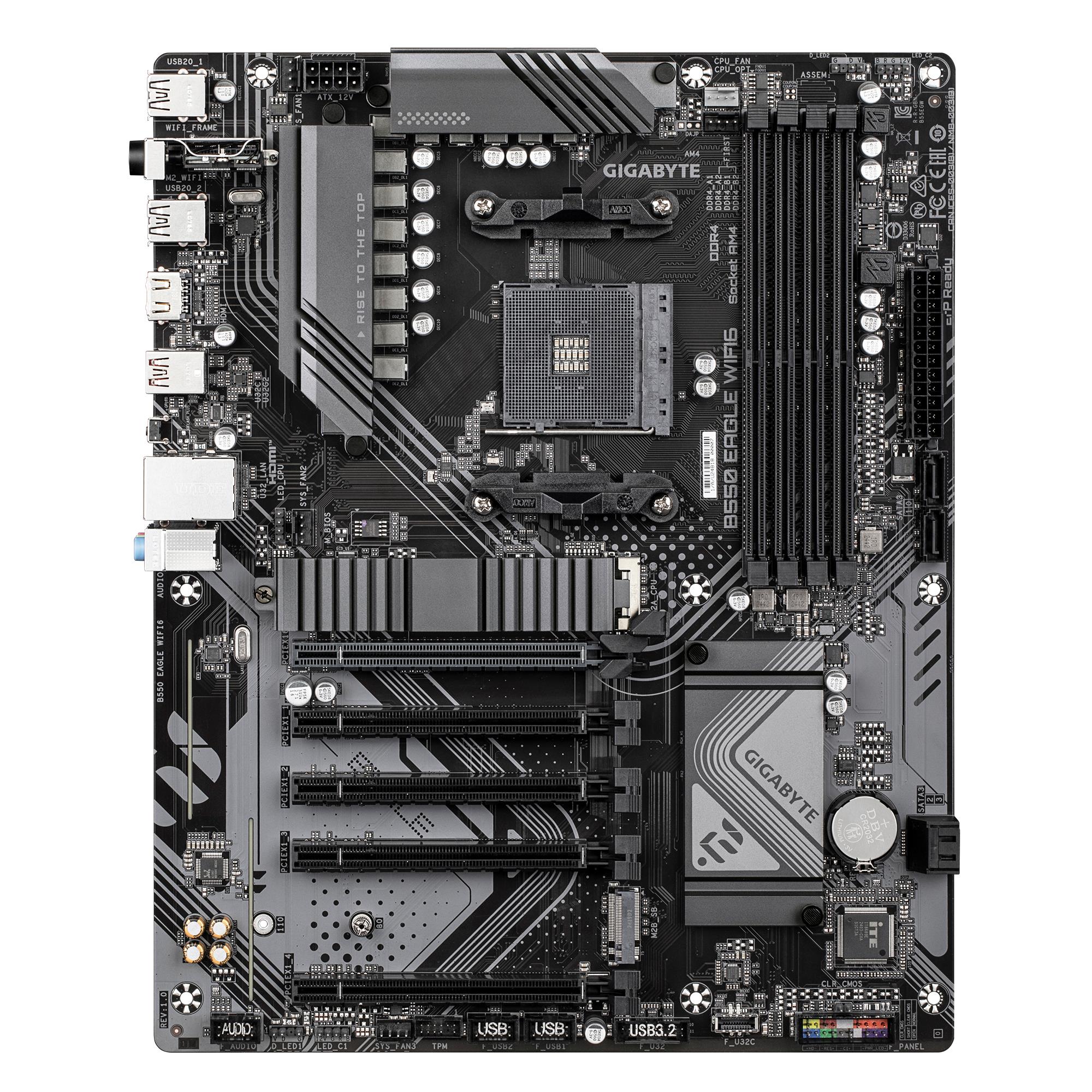 90be79d8-d73a-42e7-b944-b81c22c28fd2 Mainboard GIGABYTE AMD B550 SAM4 ATX Memory DDR4 Memory slots 4 4xPCI-Express 1x 1xPCI-Express 16x 2xM.2 1xHDMI 1xAudio-In 1xAudio-Out 1xMicrophone 4xUSB 2.0 3xUSB 3.2 1xUSB-C 1xRJ45 B550EAGLEWIFI61.0