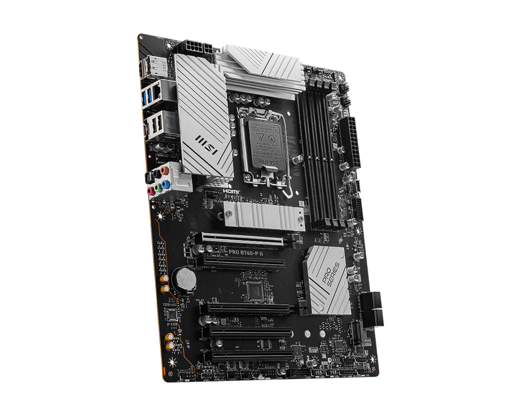 90c83cd8-0775-46e2-9d23-e682875a0eff Mainboard MSI Intel B760 Express LGA1700 Memory DDR5 Memory slots 4 5xPCI-Express 5.0 16x 2xM.2 1xHDMI 1xDisplayPort 2xUSB 2.0 2xUSB 3.2 1xUSB-C 1xOptical S/PDIF 1xRJ45 5xAudio port PROB760-PII