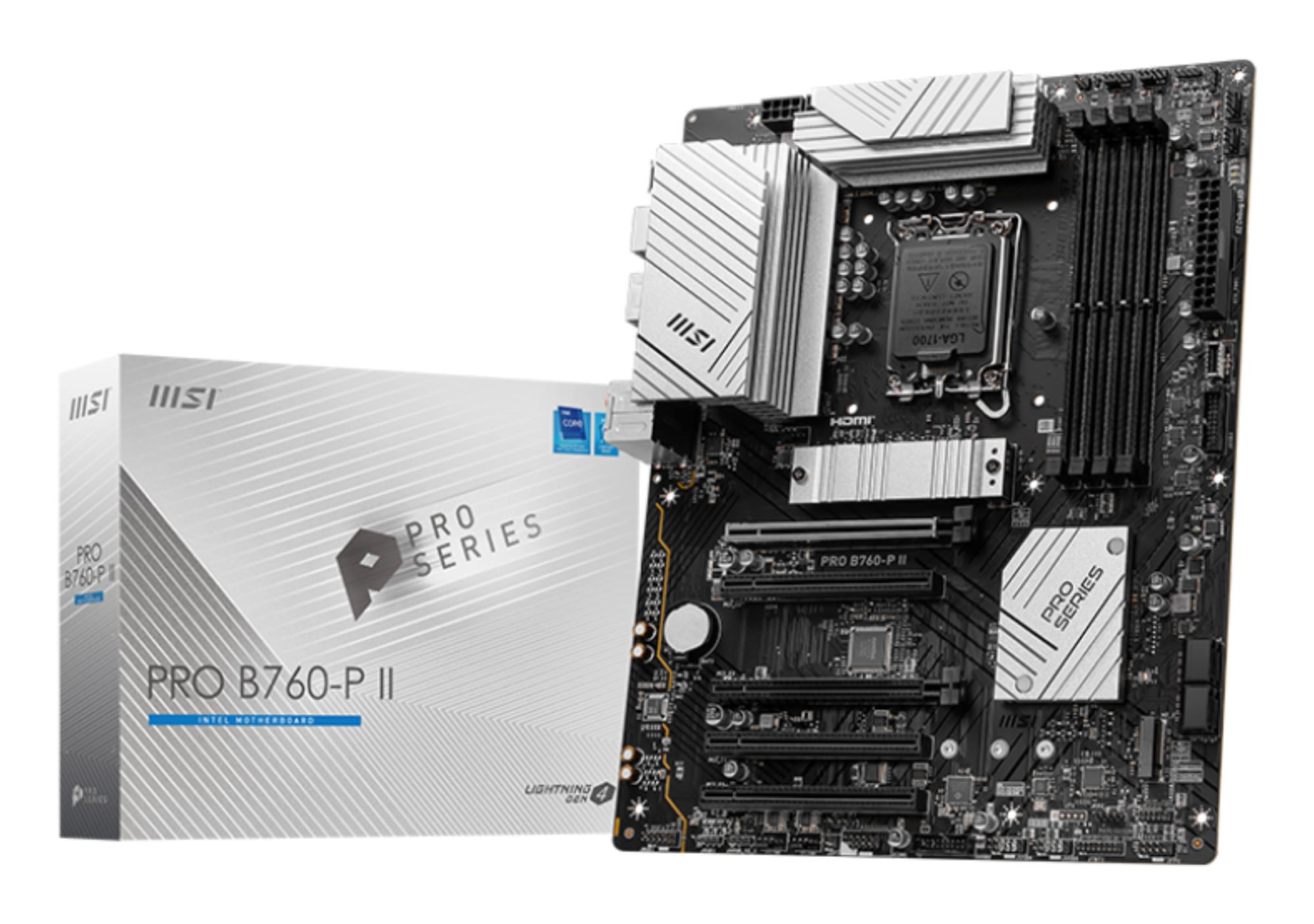 9305fc3e-dd2e-484f-95c2-7dd6c017d3a4 Mainboard MSI Intel B760 Express LGA1700 Memory DDR5 Memory slots 4 5xPCI-Express 5.0 16x 2xM.2 1xHDMI 1xDisplayPort 2xUSB 2.0 2xUSB 3.2 1xUSB-C 1xOptical S/PDIF 1xRJ45 5xAudio port PROB760-PII