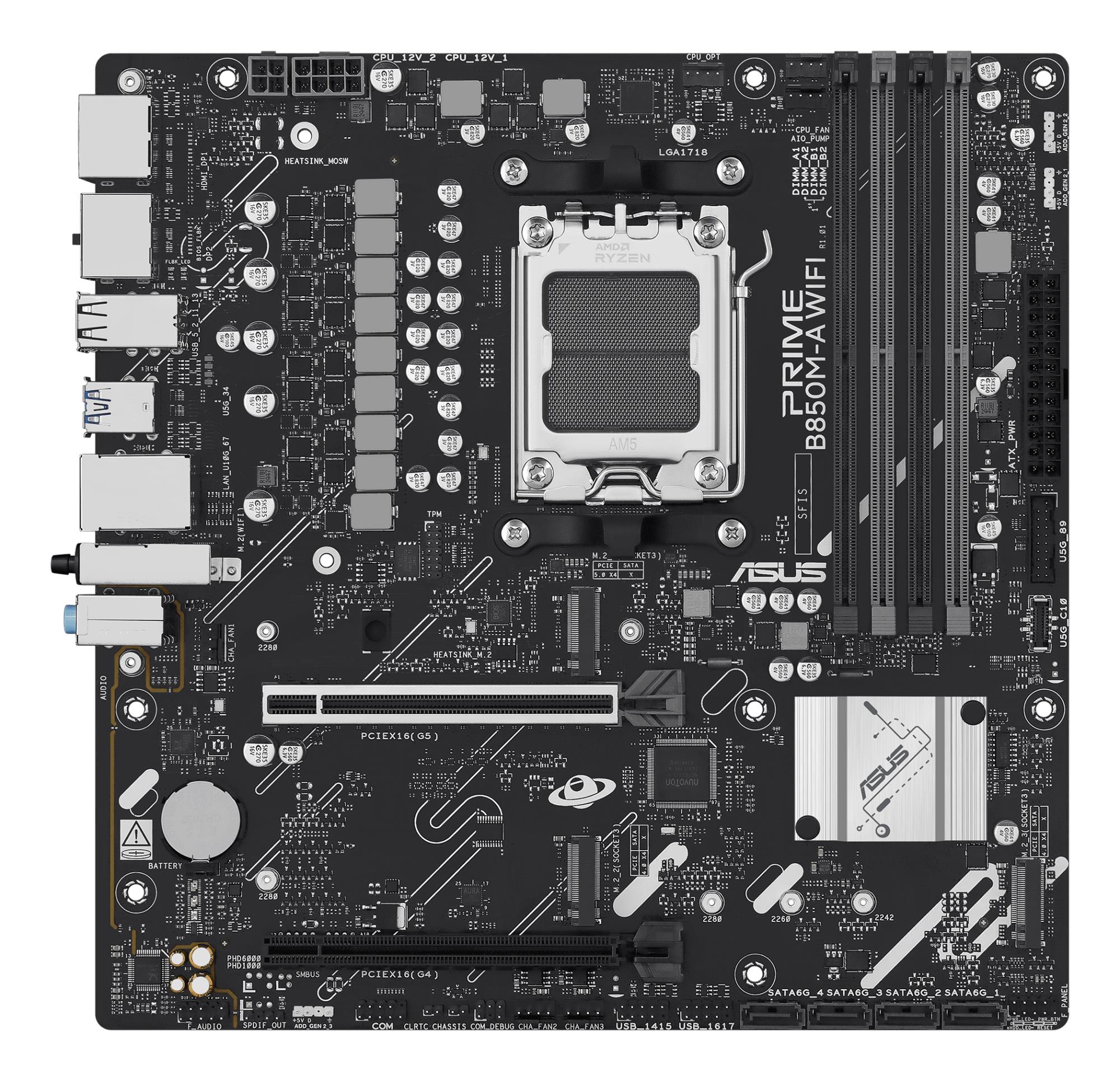 969fa2fc-c7cd-49e9-b346-83653c8455c6 Mainboard ASUS AMD B850 SAM5 Micro-ATX Memory DDR5 Memory slots 4 1xPCI-Express 4.0 16x 1xPCI-Express 5.0 16x 3xM.2 1xHDMI 2xDisplayPort 4xUSB 2.0 4xUSB 3.2 1xRJ45 3xAudio port PRIMEB850M-AWIFI