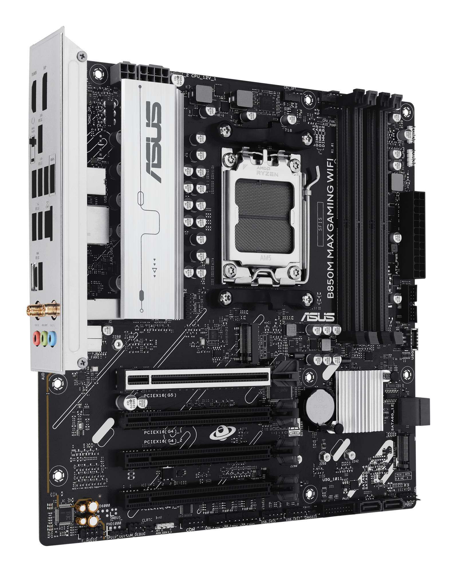 97383c3b-3735-460d-9f3f-4f7cd870dd81 Mainboard ASUS AMD B850 SAM5 Micro-ATX Memory DDR5 Memory slots 4 3xPCI-Express 4.0 16x 1xPCI-Express 5.0 16x 3xM.2 1xHDMI 1xDisplayPort 5xUSB 2.0 2xUSB 3.2 2xUSB-C 1xRJ45 3xAudio port B850MMAXGAMINGWIFI
