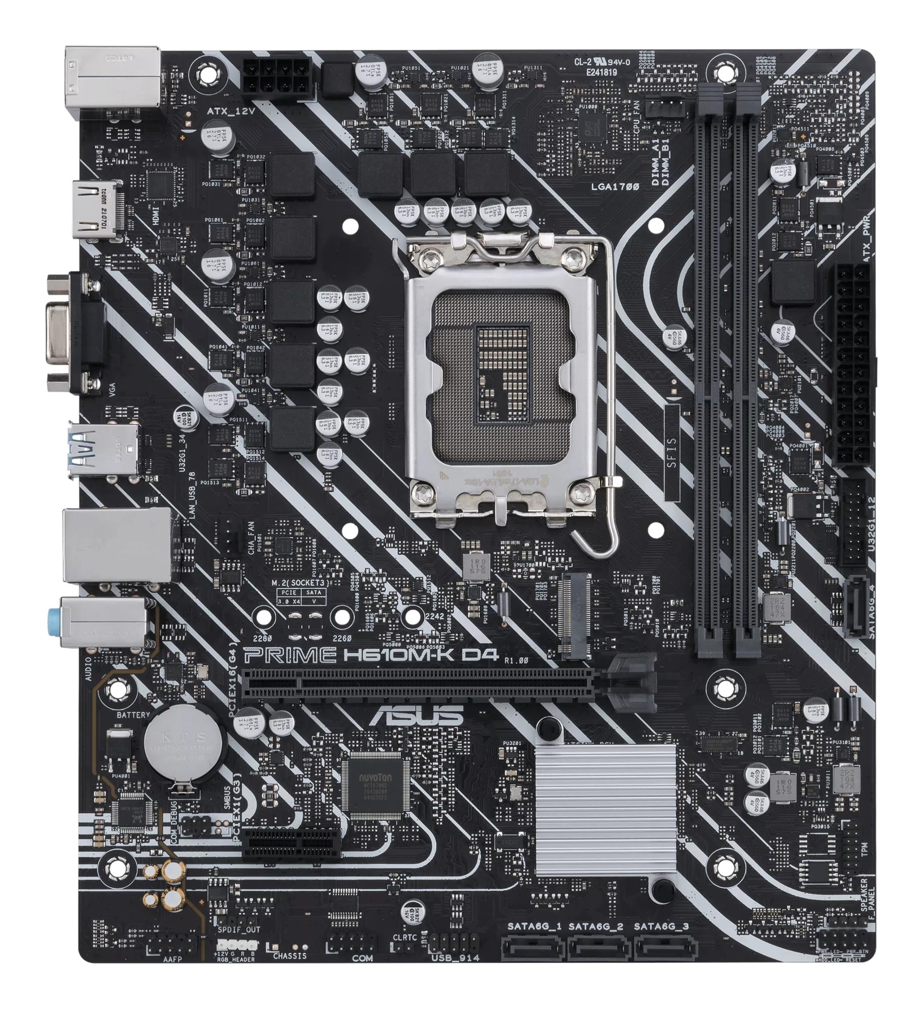 a137afdd-093e-4329-8caa-988f5b8cd24a Mainboard ASUS Intel H610 LGA1700 MicroATX Memory DDR4 Memory slots 2 1xPCI-Express 3.0 1x 1xPCI-Express 4.0 16x 1xM.2 1x15pin D-sub 1xHDMI 2xAudio-In 1xAudio-Out 4xUSB 2.0 2xUSB 3.2 1xPS/2 1xRJ45 PRIMEH610M-KD4