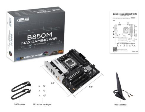 Mainboard ASUS AMD B850 SAM5 Micro-ATX Memory DDR5 Memory slots 4 3xPCI-Express 4.0 16x 1xPCI-Express 5.0 16x 3xM.2 1xHDMI 1xDisplayPort 5xUSB 2.0 2xUSB 3.2 2xUSB-C 1xRJ45 3xAudio port B850MMAXGAMINGWIFI