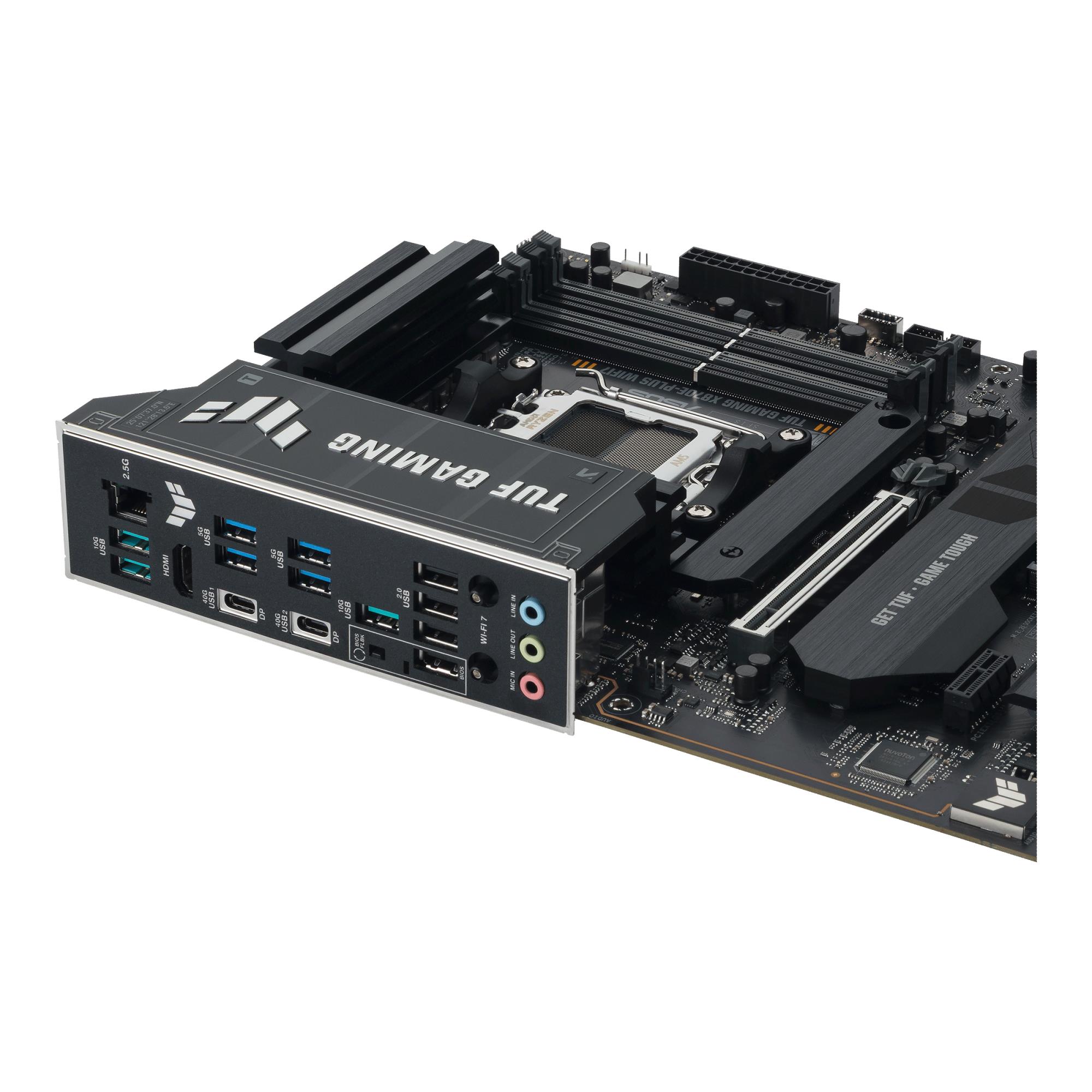 aaff70ea-654d-452f-b790-2ec153927fe4 Mainboard ASUS AMD X870E SAM5 ATX Memory DDR5 Memory slots 4 1xPCI-Express 3.0 1x 1xPCI-Express 4.0 16x 1xPCI-Express 5.0 16x 4xM.2 1xHDMI 4xUSB 2.0 7xUSB 3.2 2xUSB-C 1xRJ45 3xAudio port TUFGAMX870E-PLUSWIFI7