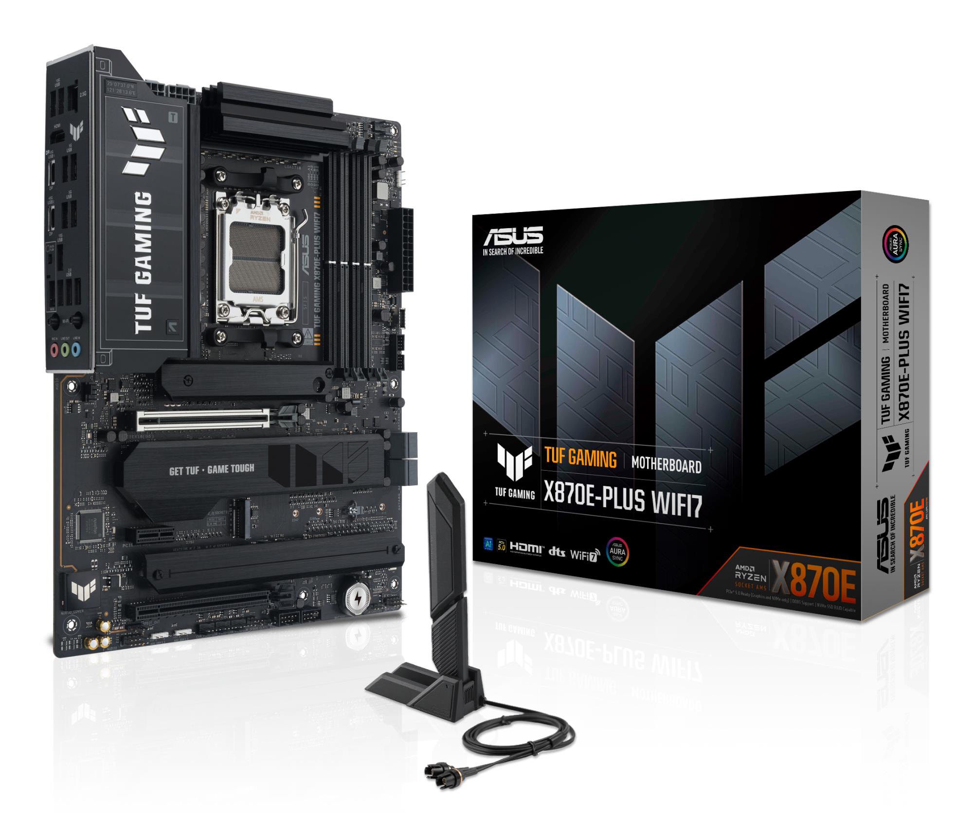 abe87fdb-ac4f-46a9-97e7-ed48710a8f7d Mainboard ASUS AMD X870E SAM5 ATX Memory DDR5 Memory slots 4 1xPCI-Express 3.0 1x 1xPCI-Express 4.0 16x 1xPCI-Express 5.0 16x 4xM.2 1xHDMI 4xUSB 2.0 7xUSB 3.2 2xUSB-C 1xRJ45 3xAudio port TUFGAMX870E-PLUSWIFI7