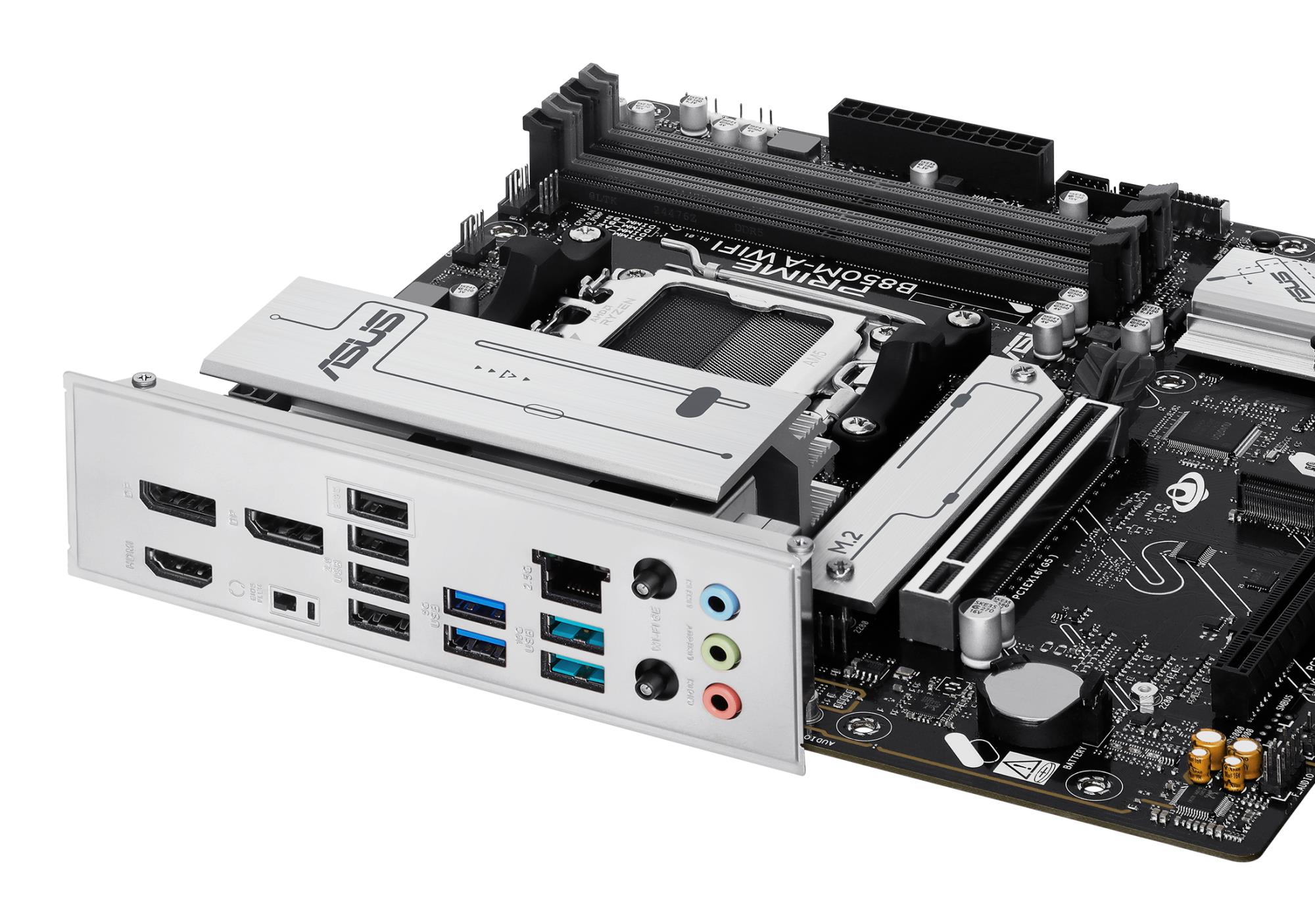acde88d9-87d8-4409-b25a-fba52e57871a Mainboard ASUS AMD B850 SAM5 Micro-ATX Memory DDR5 Memory slots 4 1xPCI-Express 4.0 16x 1xPCI-Express 5.0 16x 3xM.2 1xHDMI 2xDisplayPort 4xUSB 2.0 4xUSB 3.2 1xRJ45 3xAudio port PRIMEB850M-AWIFI