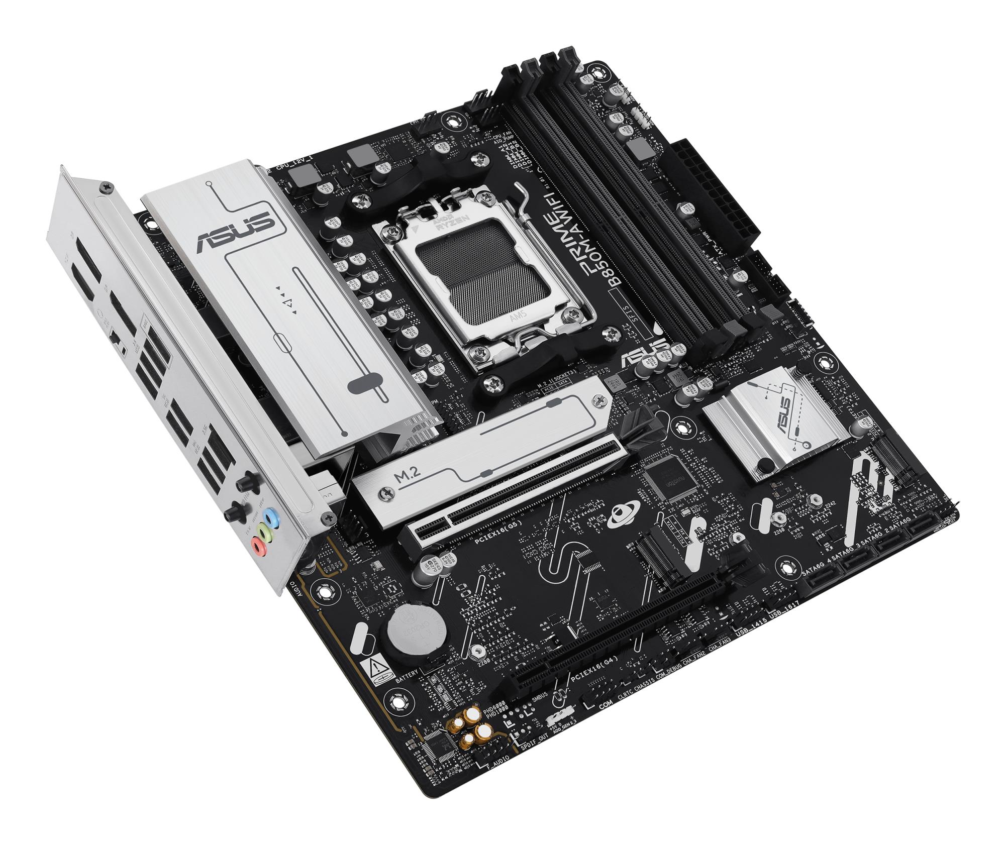 b29e6409-d94c-465d-bde0-23176cdc43c3 Mainboard ASUS AMD B850 SAM5 Micro-ATX Memory DDR5 Memory slots 4 1xPCI-Express 4.0 16x 1xPCI-Express 5.0 16x 3xM.2 1xHDMI 2xDisplayPort 4xUSB 2.0 4xUSB 3.2 1xRJ45 3xAudio port PRIMEB850M-AWIFI