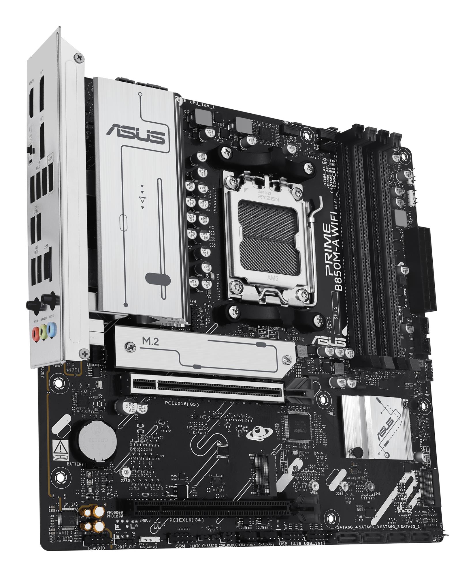 b7d314dd-df57-406f-a714-ab7adc514d70 Mainboard ASUS AMD B850 SAM5 Micro-ATX Memory DDR5 Memory slots 4 1xPCI-Express 4.0 16x 1xPCI-Express 5.0 16x 3xM.2 1xHDMI 2xDisplayPort 4xUSB 2.0 4xUSB 3.2 1xRJ45 3xAudio port PRIMEB850M-AWIFI